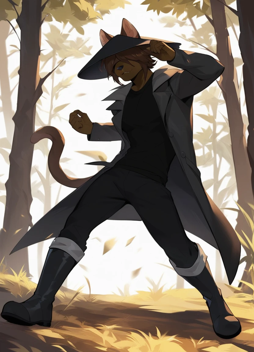 score_9, score_8_up, score_7_up, score_6_up, (carlos_gamerfox:1), ((male focus, 1boy, solo)), male, full body, anthro cat, cat ears, cat tail, brown hair, brown fur, black nose, animal ears,  hat, black headwear, hat over eyes, coat, black coat, shirt, black shirt, boots, black footwear, pants, black pants, ((dynamic pose)), forest background, <lora:CarlosGamerfox_epoch_7:0.7>