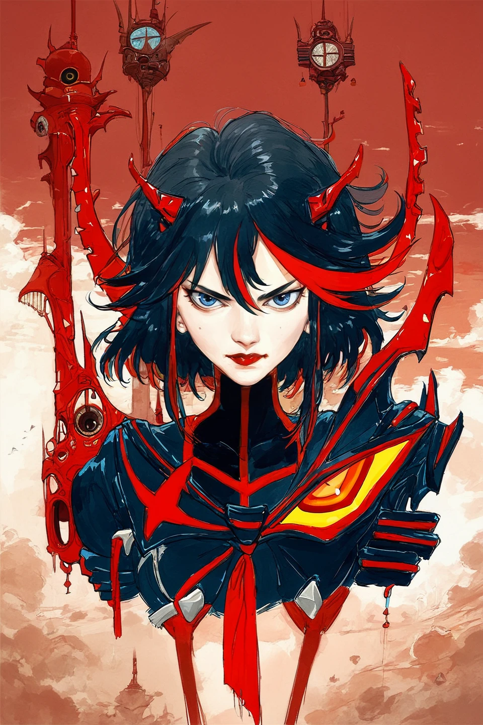 score_9,  score_8_up, score_7_up, score_6_up, 1girl, solo, Matoi Ryuuko from Kill la Kill, horns, upper body,  observatory, red lips, looking at viewer, 
<lora:YOSHITAKA_AMANO_style-000009:1>,