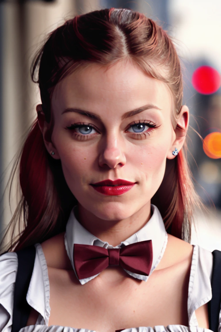 cassidyfreeman, , ((detailed skin, detailed face,detailed eyes, beautiful eyes)),  ((red lipstick, eyeliner, eye shadow, blush)), , photo of a woman, ,beautiful picture, fully clothed, outside, ((bowtie, thighhighs, shirt, skirt)), city street, sunset, detailed, epic, closeup,