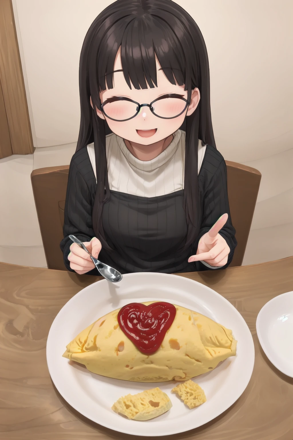 masterpiece, best quality, very aesthetic, absurdres,  
1girl, solo, glasses, black hair, long hair, white ribbed sweater, black apron,  happy, smile, looking at viewer, closed eyes, open mouth, sitting, across table, 
BREAK
omurice_heart, heart, plate, ketchup:1.2), spoon, 
 <lora:omurice_heart_SD15_V1:1>