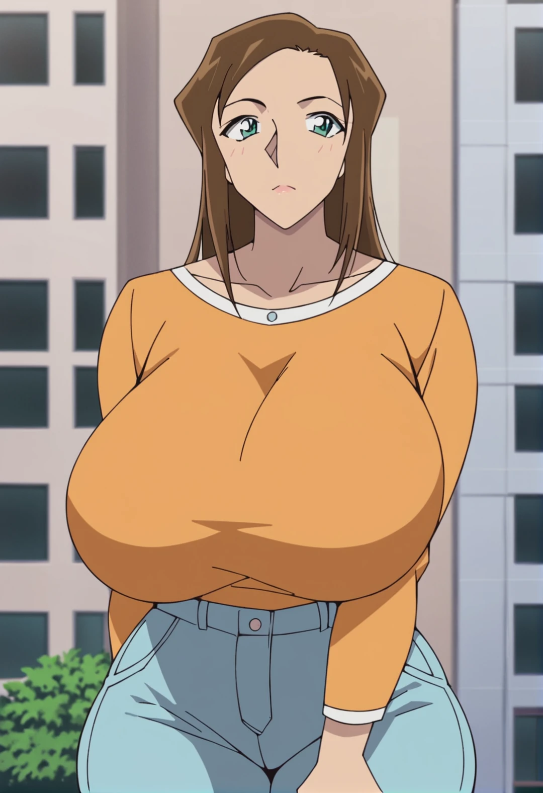 score_9, score_8_up, score_7_up,score_6_up,
((1girl,solo,Portrait,front view,milf,)),
gigantic breasts, thick thighs, thick ass, curvy ass, 
large ass, large hips,
Azusa Enomoto, brown hair,  long hair, shirt, green eyes, orange shirt, 
(blurry background, ),
<lora:PONY_Azusa_Enomoto_Anime_Detective_Conan:1>