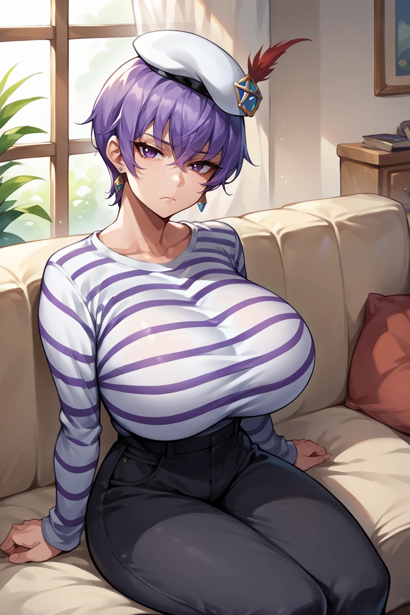 score_9, score_8_up, score_7_up, score_6_up, source_anime, 1girl, solo <lora:aigisleona-pdxl-nvwls-v1-000006:1> aigisLeona, purple hair, short hair, earrings, huge breasts, striped shirt, black and white shirt, long sleeves, white beret, black pants, sitting, couch, looking at you, tired