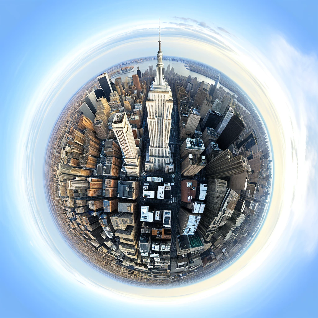 A tiny planet of New York City. The sky is overcast with patches of blue peeking through. The cityscape below features the Empire State Building prominently among a mix of modern and historical buildings. The overall lighting is soft and diffused, suggesting it might be late afternoon.
