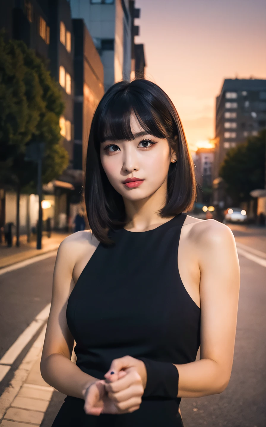 (Bangs:1.2),<lora:Momo_V1:1> m0m0, (realistic), (hyperrealism), (photorealistic:1.4), 1girl, looking at the viewer, eye makeup, detailed eyes, detailed face, (upper body:1.2), detailed background, black dress, walking at the streets, sunset, (windy:1.2)