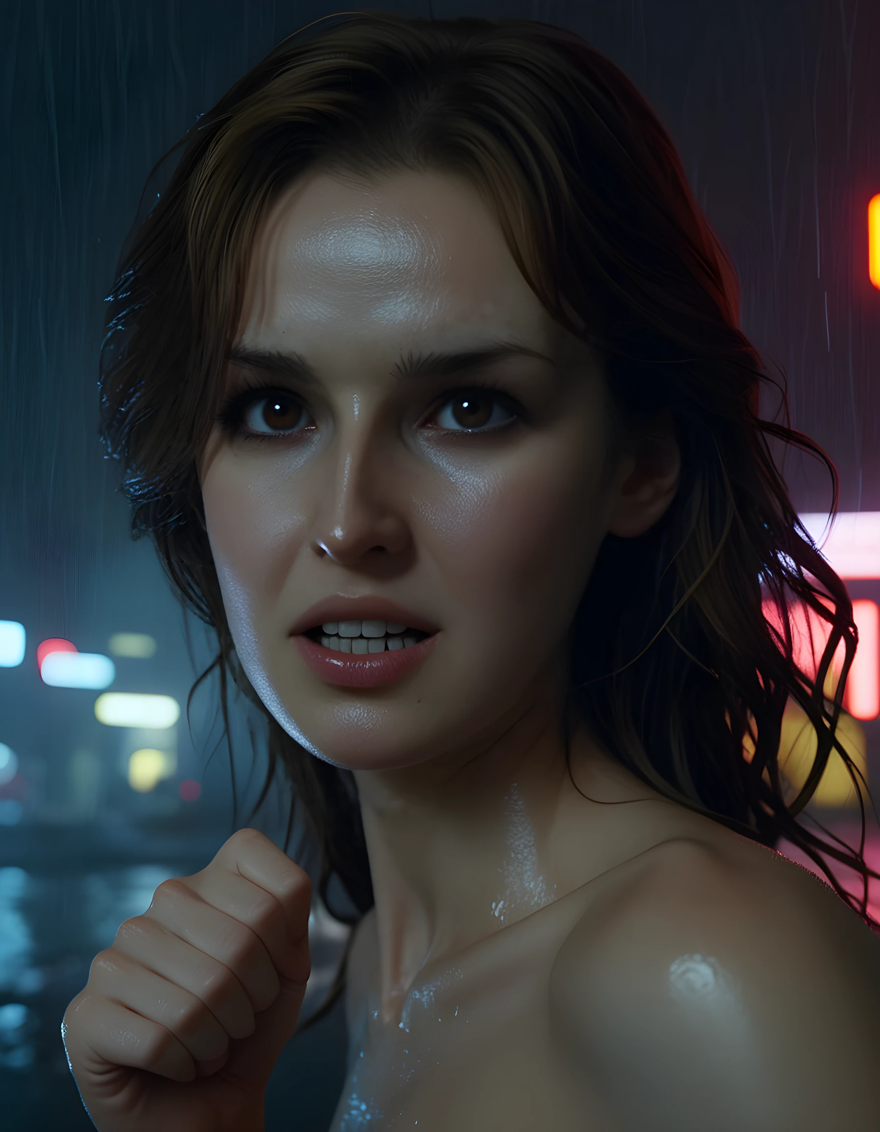 In a gritty, neo-noir setting reminiscent of Blade Runner, the camera zooms in on 0TT1L13, a woman with brown hair falling in loose waves around her angular face. Her gaze, intense and focused, is fixed on an unseen target beyond the frame, her brown eyes deep pools of determination under heavy, dark eyeliner. Her lips are parted slightly, revealing a hint of her sharp canines, giving an otherworldly air to her otherwise human features. The lighting is stark and low-key, casting long shadows that dance across her strong jawline and high cheekbones, creating a chiseled silhouette against the rain-soaked neon cityscape behind her. She stands tall and poised, one hand clenched into a fist at her side as she defiantly flashes a brash smile, her teeth glinting in the dim light. The image is charged with a tense energy, the woman's fierce stance and piercing gaze hinting at a hidden strength that belies her delicate appearance.