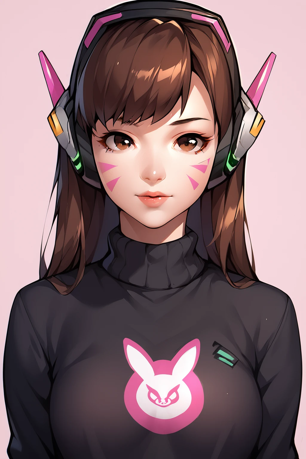 <lora:DVApony:1>,
score_9,score_8_up,score_7_up,score_6_up,score_5_up,score_4_up,
HanaSong,1girl,solo,d.va,(overwatch),gloves,long hair,facial mark,brown hair,headphones,brown eyes,facepaint,bangs,whisker markings,(covered nipples:0.3),pink background,brown eyes,summer sweater,black sweater,