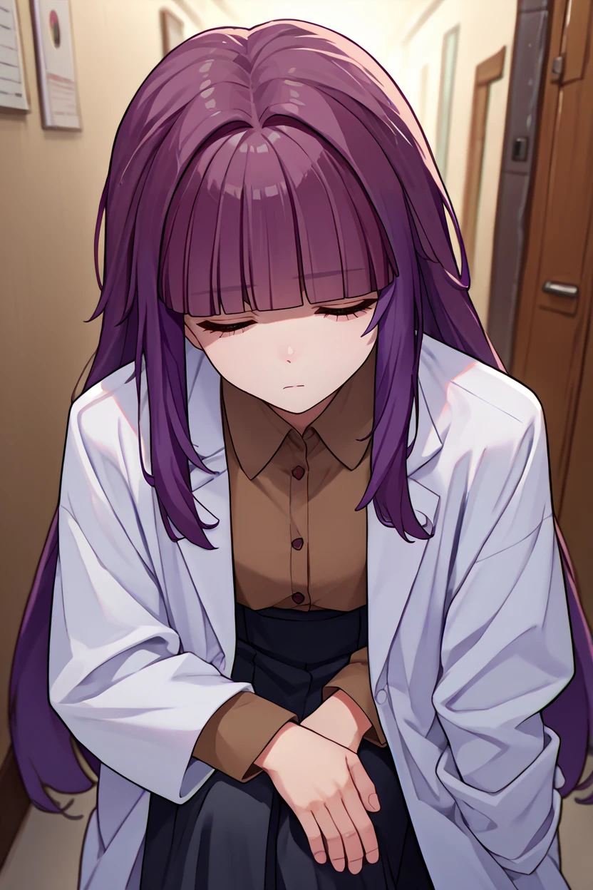 score_9, score_8_up, score_7_up, score_6_up, source_anime, 1girl, <lora:eta-pdxl-nvwls-v1:1> eta, purple hair, blunt bangs, long hair, white labcoat, brown shirt, collared shirt, black skirt, closed eyes, tired, slouching, hallway, looking at you