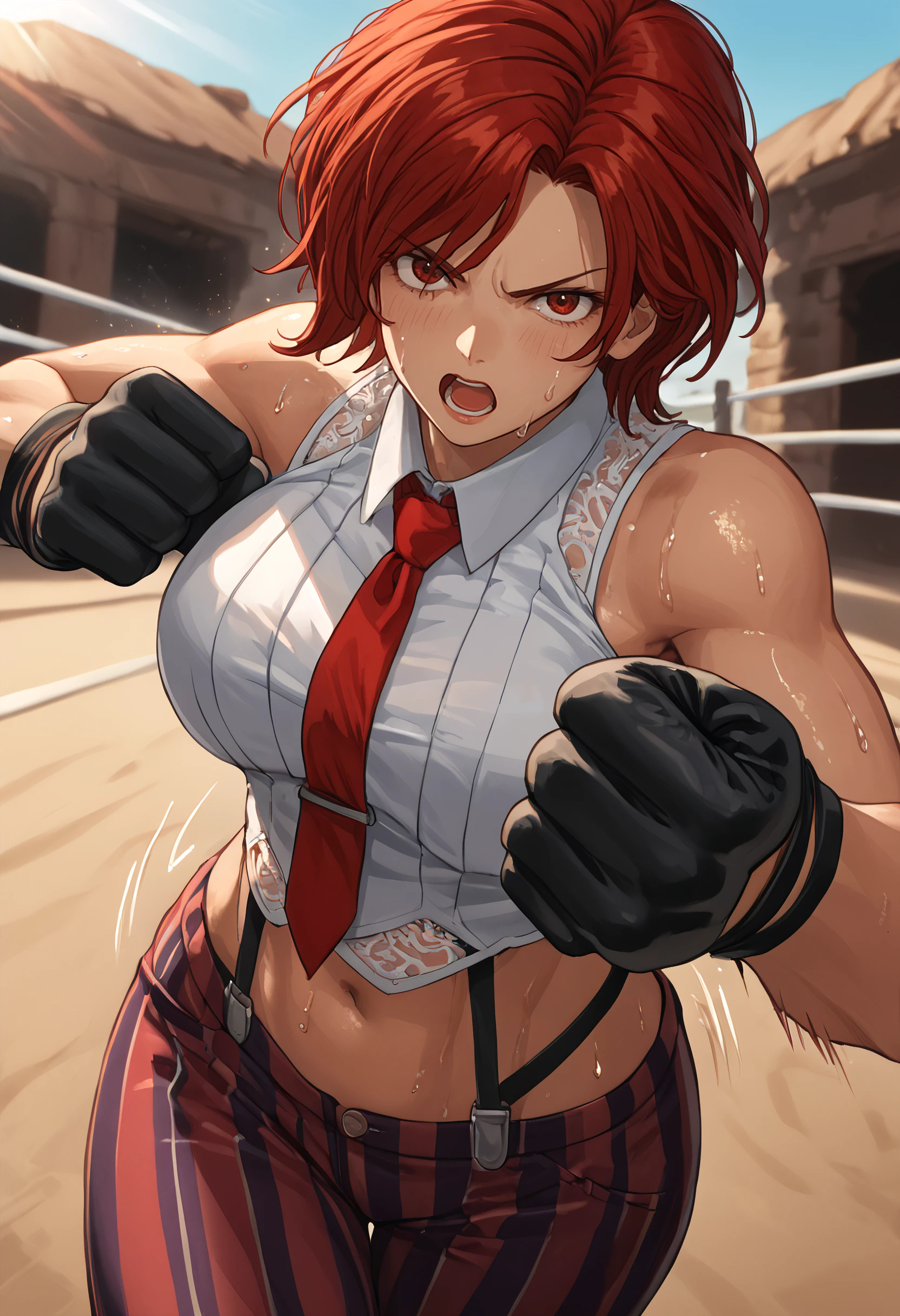 score_9, score_8_up, score_7_up, source_anime BREAK 1girl, solo, cowboy shot, looking at viewer,
<lora:VanessaKofDwnsty-000007:1.1>, vanessakofdwnsty, red hair, red eyes, short hair, red necktie, black gloves, vertical-striped shirt, collared shirt, sleeveless shirt, see-through, bare shoulders, vertical-striped pants, multicolored pants, navel, midriff, 
large breasts, skindentation,  open mouth, excited, sweat, motion lines, clenched hand, fighting stance, incoming punch, outstretched arm, foreshortening,  heavy breathing, speed lines, motion blur, 
outdoors, street, boxing ring, sunlight, desert,