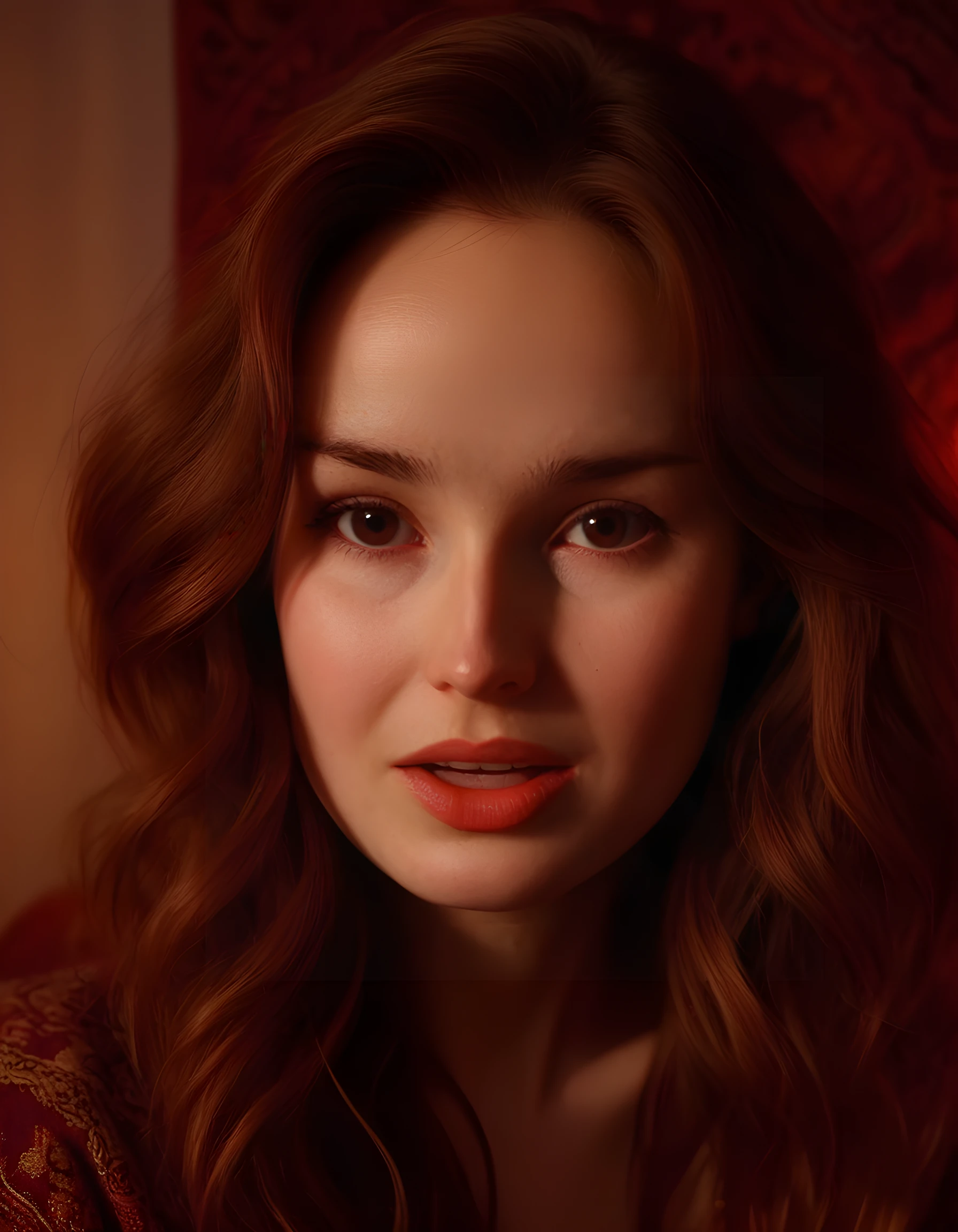 A striking, close-up portrait captures 0TT1L13, a woman with cascading brown hair that falls in loose waves down to her shoulders, framing her intense brown eyes that gleam with an air of mystery. Her full lips are painted a bold, vibrant red, and her teeth flash in a knowing smirk as she bites into a juicy red apple. The soft glow of candlelight filters through the room, casting warm shadows across her sharp cheekbones and high forehead. The background is a blurred tapestry of rich, deep purple hues, with the faint sound of a lute echoing from an unseen corner of the dimly lit chamber, creating a magical, enchanting atmosphere that seems to hold its breath in anticipation for her next move.