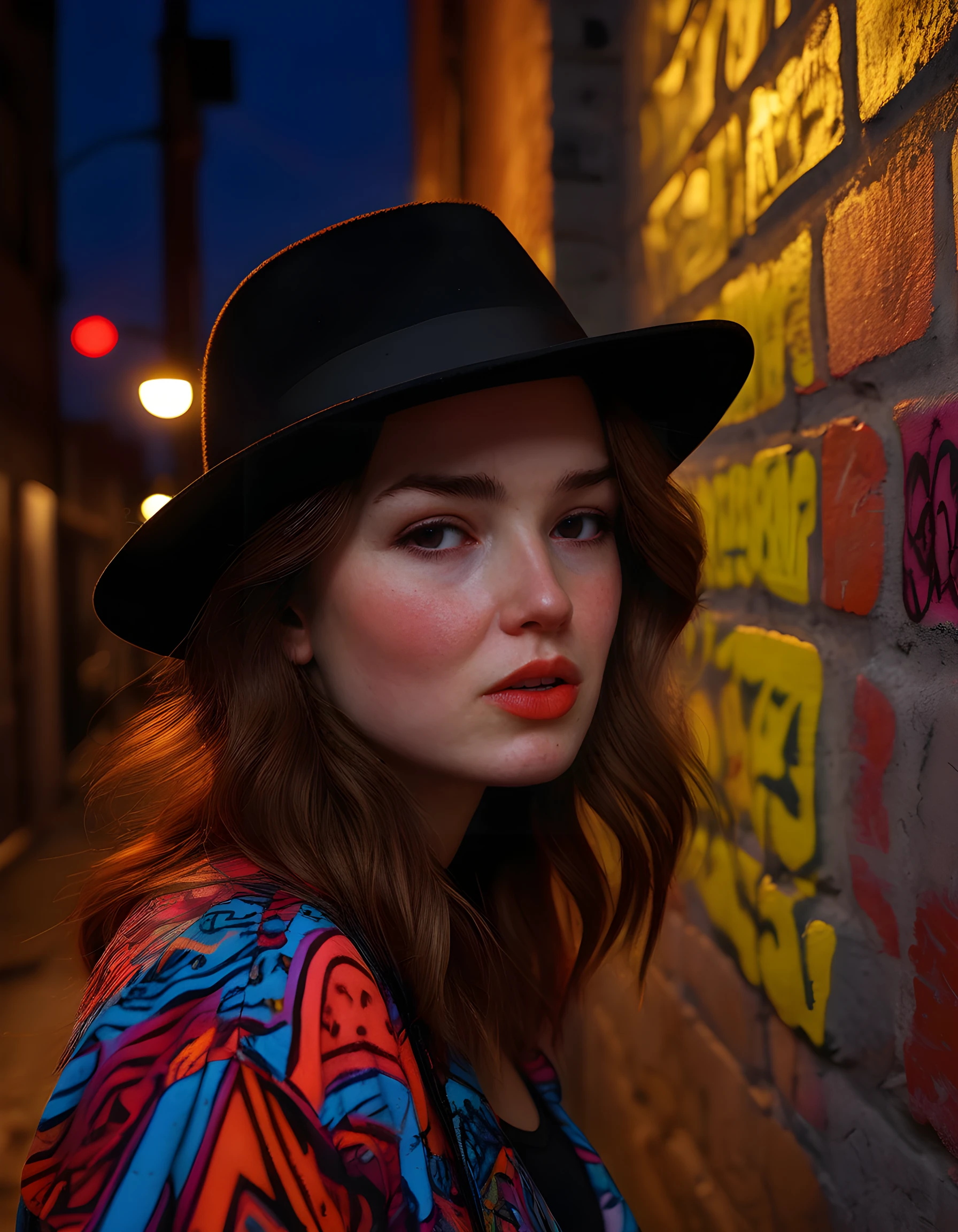 In a gritty, urban noir setting, a woman with brown hair cascading down her shoulders, adorned in a vibrant, asymmetrical 0tt1l13-inspired outfit of neon colors and intricate patterns, dons a stylish fedora tilted at an angle over her freckled face. Her lips are painted a bold red, emphasizing the sultry expression she wears as she leans against a graffiti-covered brick wall, under the soft glow of a streetlamp's yellow light, creating a mesmerizing close-up portrait that radiates a sense of mystery and allure.