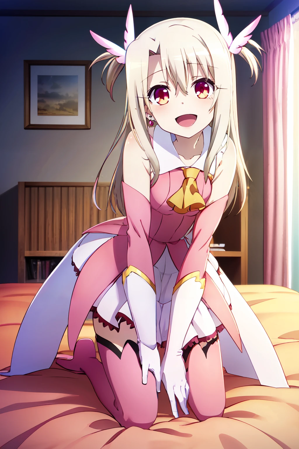 ((masterpiece,best quality)), absurdres, medium breasts, (curvy), cute, eyelashes, wide hips, narrow waist,  <lora:PrismaIllya_v5:0.8>,  1girl, :d, ascot, bed sheet, bedroom, black thighhighs, blouse, blurry, blurry background, boots, collarbone, curtains, detached sleeves, earrings, feather hair ornament, feathers, full body, game cg, gloves, hair between eyes, hair ornament, head tilt, illyasviel von einzbern, indoors, jewelry, kneeling, long hair, long sleeves, looking at viewer, magical ruby, miniskirt, official art, on bed, open mouth, pink feathers, pink footwear, pink shirt, pink sleeves, pleated skirt, prisma illya, red eyes, shirt, silver hair, skirt, sleeveless, sleeveless shirt, smile, solo, thigh boots, thighhighs, white gloves, white skirt, yellow ascot, zettai ryouiki