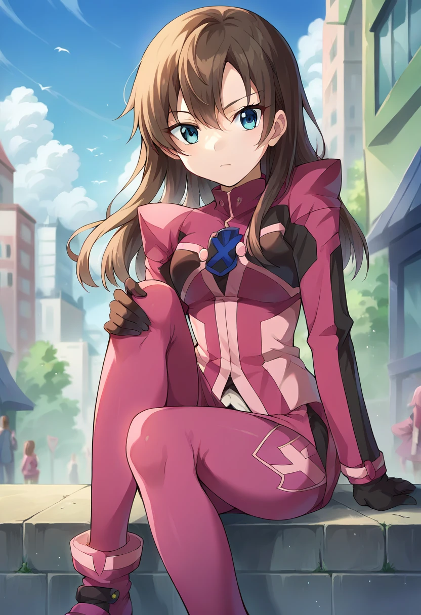 score_9, score_8_up, score_7_up, source_anime, masterpiece, 1girl, ct_h4ruka, pink jacket, pink legwear, black gloves, sitting, shoes, knee up, outdoors, city, depth of field, looking at viewer, <lora:Haruka_pony_ct:1>