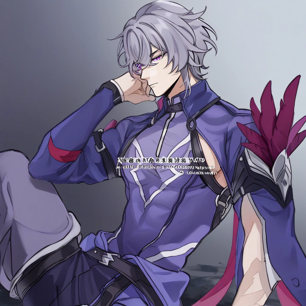 1boy, solo, male focus, slim toned male, moze_(hsr), moze, grey purplish hair, wolfcut hair, bangs between eyes, pale skin, purple eyes, slim face, costume, feathers on one shoulder, sitting