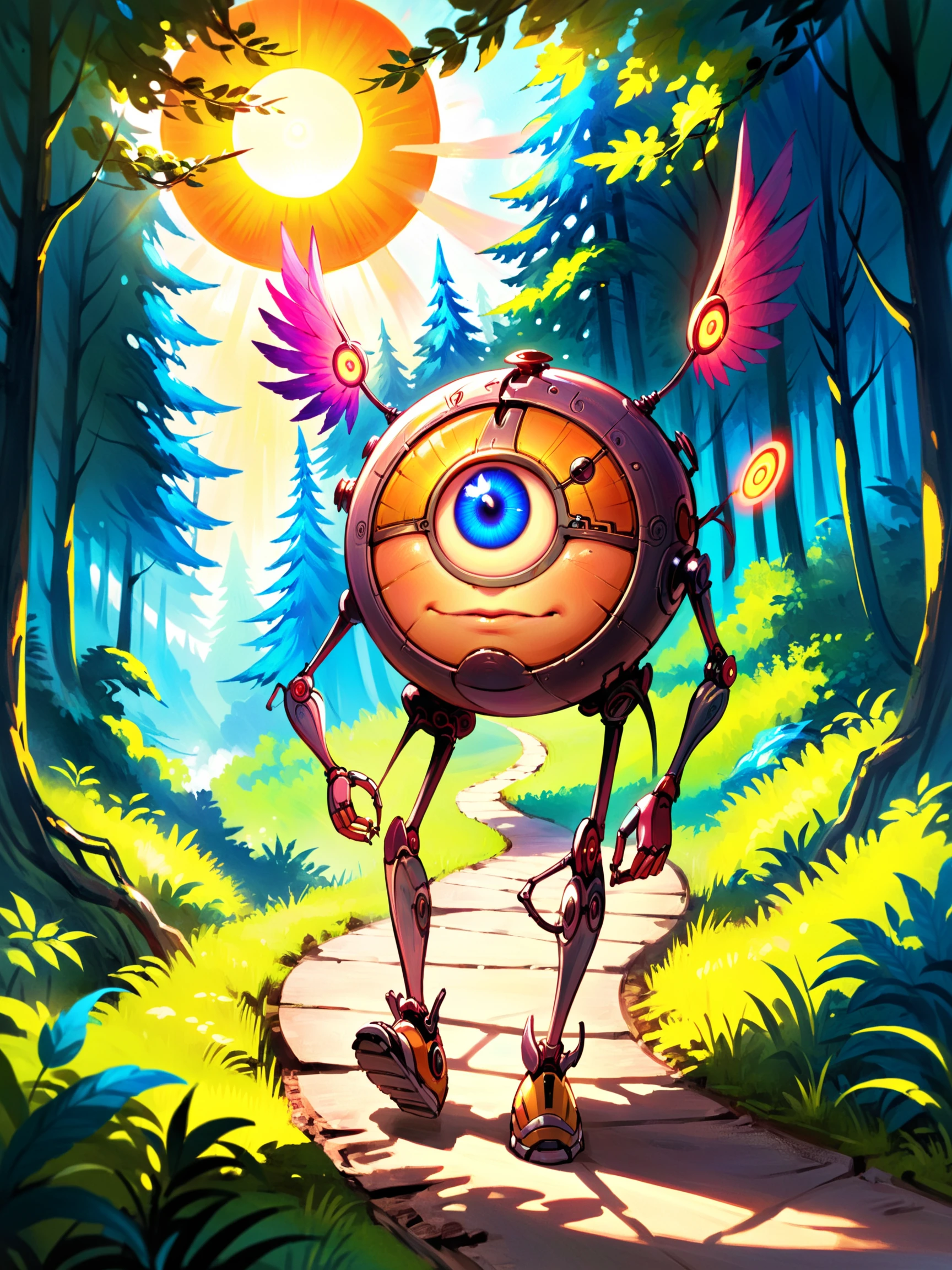 modrone robot adventurer,2 arms,solo,metal,circular shape,2 wings,cyclops,one eyed,walking,forest,trail,path,sun,fantasy,adventure,vibrant colors,happy<lora:ModroneXLStand-000033:0.9>