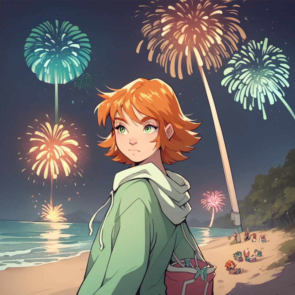 score_9, score_8_up, score_7_up, score_6_up, Alche, W.I.T.C.H., 1girl, solo, solo focus, green eyes, short hair, orange hair, oversized hoodie, long sleeves, at the beach, fireworks, dark, night