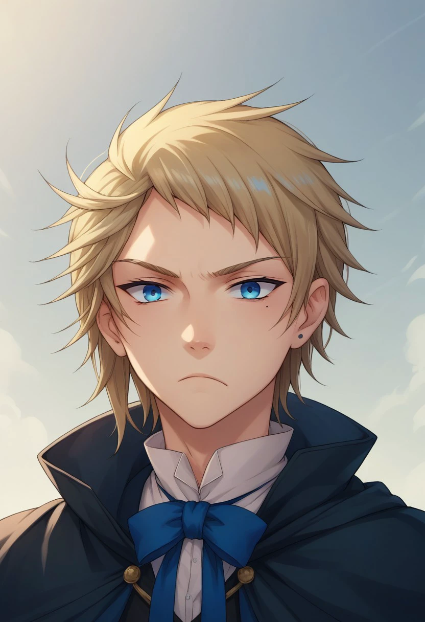 score_9, score_8_up, score_7_up, source_anime, highly detailed, 
elliot, solo, 1boy, blonde hair, male focus, blue eyes, cloak, cape, looking at viewer,
ribbon, blue ribbon, neck ribbon, mole under eye, frown,