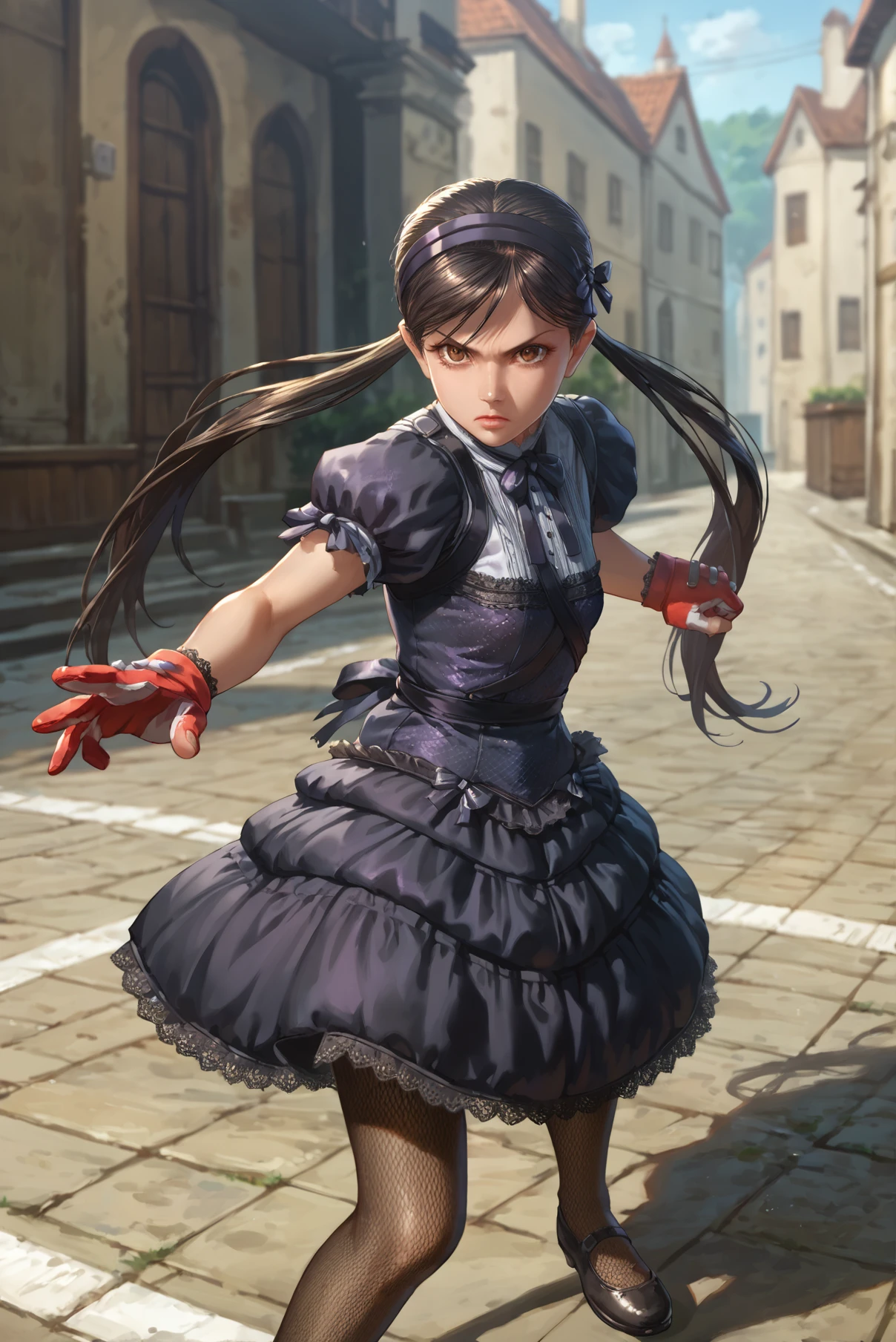 score_9, score_8_up, score_7_up, action pose, <lora:Saki_Onechanbara_Z2:0.7> 1girl, solo, long hair, black hair, brown eye, gloves, twintails, hairband, dress, fishnets, pantyhose, looking at viewer, outdoors