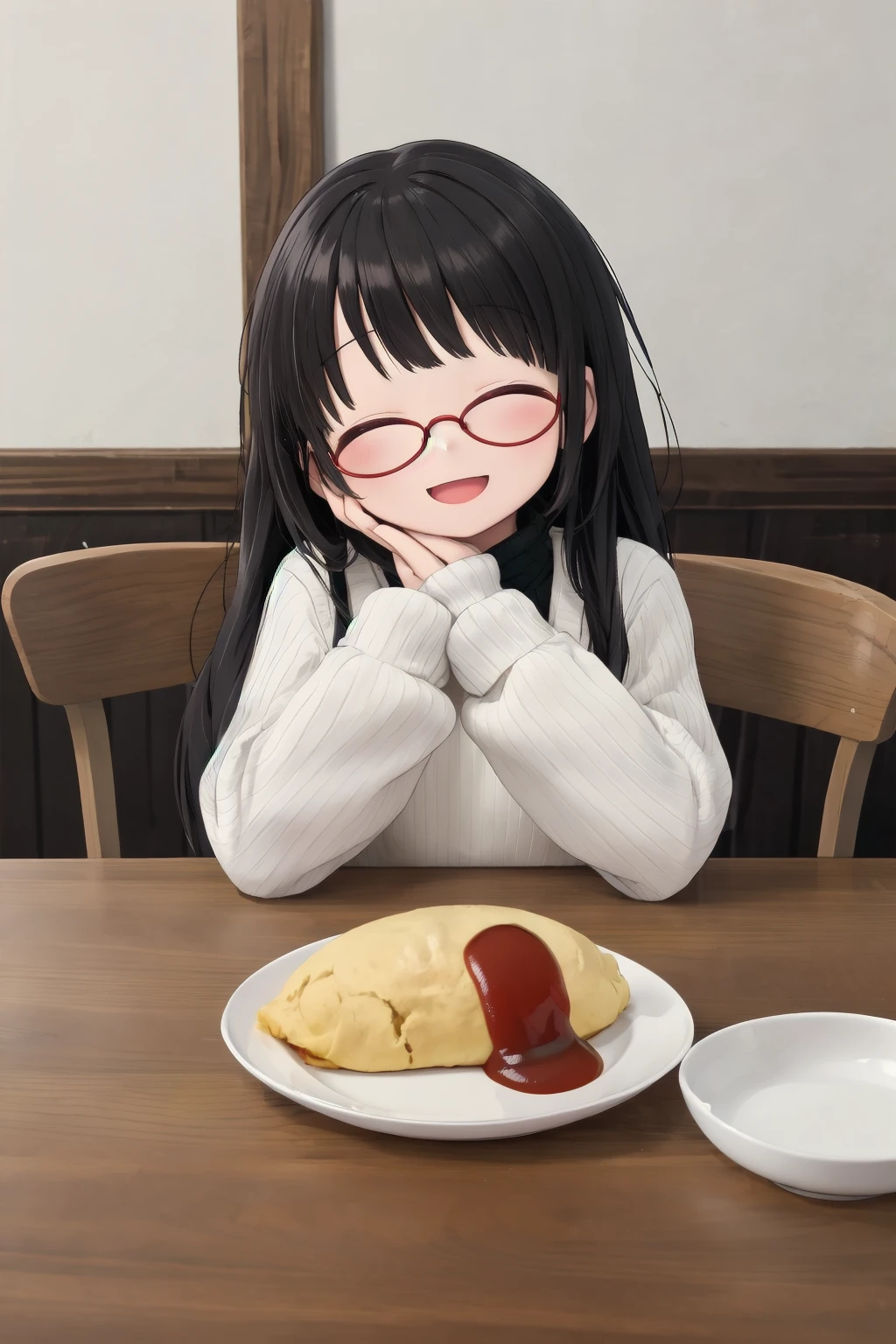 masterpiece, best quality, very aesthetic, absurdres,
1girl, solo, glasses, black hair, long hair, white ribbed sweater, black apron,  happy, smile, looking at viewer, closed eyes, open mouth, sitting, across table, own hands together, hands on cheek,
omurice, plate, food, food focus, still life, wooden table, table, ketchup, spoon
 <lora:omurice_SD15_V1:1>