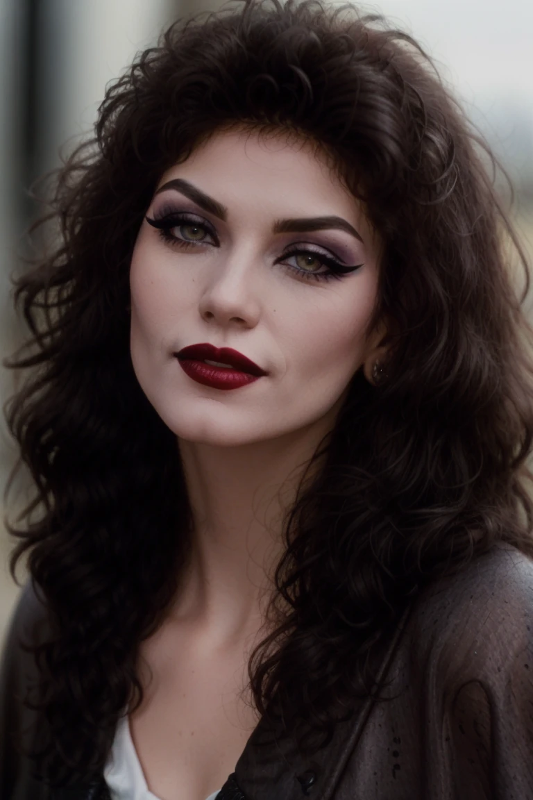 <lora:lindafiorentino-05:0.6>,lindafiorentino, ((detailed skin, detailed face):1.2),  ((detailed eyes, beautiful eyes):1.2), ((red lipstick, blush, eye shadow, eyeliner, pale skin)),  ,photo of a woman, RAW, close portrait photo, ((black bodysuit, cape)),((short hair, dark red hair)), ((outdoors, detailed scifi city, walking)), slim body, 8k uhd, dslr, soft lighting, high quality, film grain, Fujifilm XT3 sharp focus, f 5.6,((black lipstick, heavy eyeliner, heavy eye shadow, goth makeup, pale skin)) , smiling