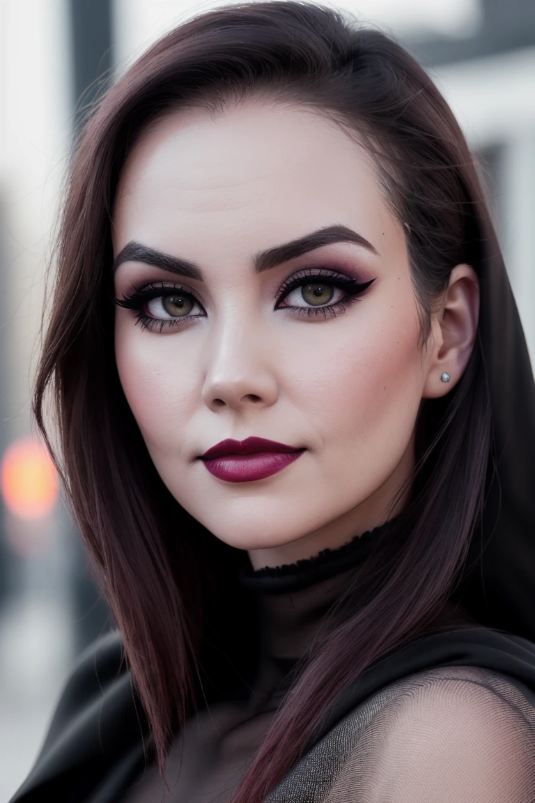 sydneywatson-2709, , ((detailed skin, detailed face):1.2), ((detailed eyes, beautiful eyes):1.2), ((red lipstick, blush, eyeliner, eye shadow, pale skin)), ,photo of a woman, RAW, close portrait photo, ((black bodysuit, cape)),((short hair, dark red hair)), ((outdoors, detailed scifi city, walking)), slim body, 8k uhd, dslr, soft lighting, high quality, film grain, Fujifilm XT3 sharp focus, f 5.6,((black lipstick, heavy eyeliner, heavy eye shadow, goth makeup, pale skin)) , smiling