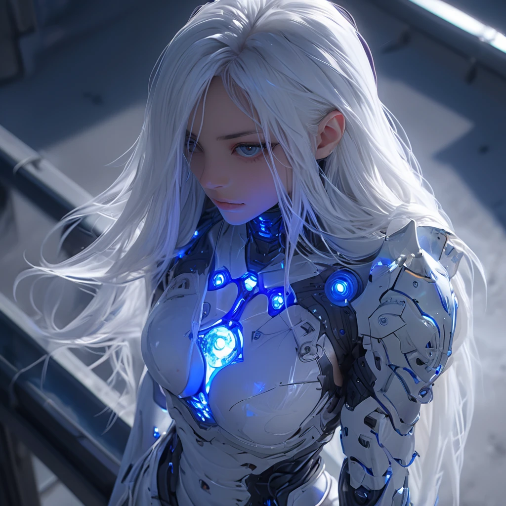 divine korean girl, very long white hair, looking down from a rooftop, futuristic, scifi bodysuit, glossy, delicate frame, angelic appearance, legs, armor, cyborg, deus ex human revolution, perfect body, silver and blue glow, low angle, SilverPulse, masterpiece, best quality, highly detailed, sharp focus, dynamic lighting