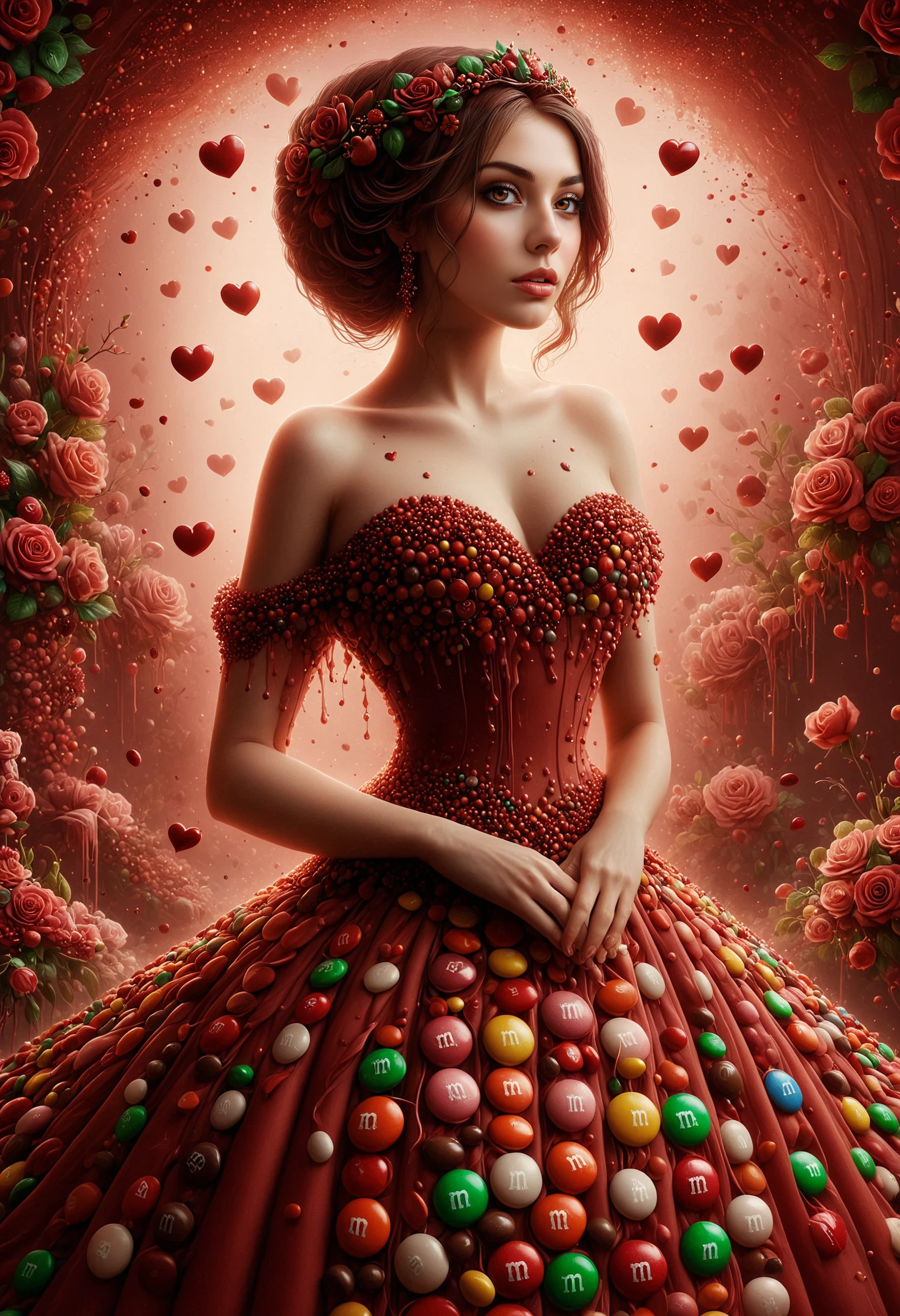 A captivating oil painting of a pretty queen, (upper body), adorned with a majestic crown of ruby-heart shapes. She wears a striking burgundy, abstract, and eye-catching gown that features elegant heart and rose motifs. The queen stands gracefully in a beautiful garden beside a bush of painted white roses turned red, with a touch of red paint dripping from them. The artwork exudes a fantastical, cinematic atmosphere, transporting the viewer into a world of enchantment and whimsy., painting, cinematic, made out of m&m candies, <lora:PinkieM&MCndsSDXL-v1:1>, p1nkm&m,