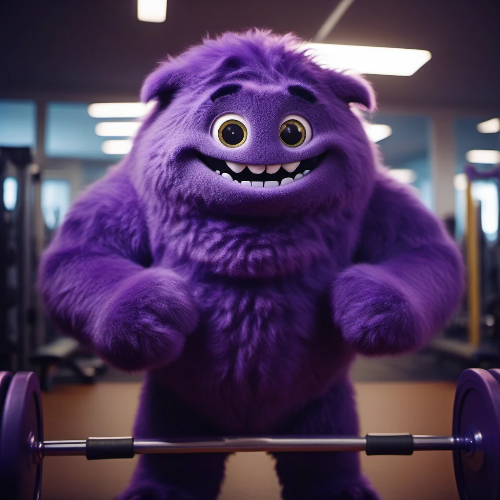 cinematic photo full body portrait purple fur monster, smile, lifts barbell in a gym  <lora:Blue1024:0.8> . 35mm photograph, film, bokeh, professional, 4k, highly detailed