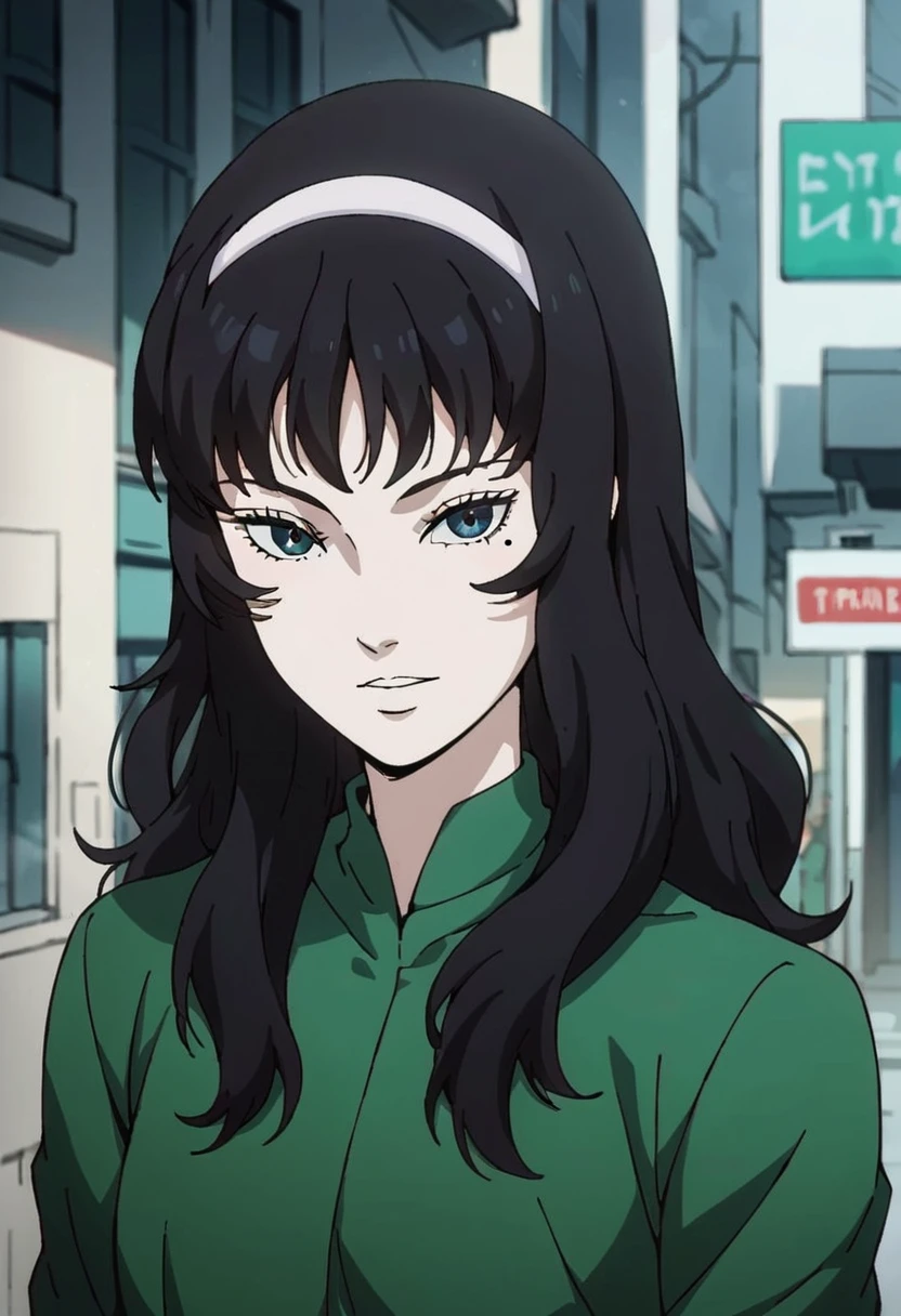 score_9, score_8_up, score_7_up, score_6_up, perfect face, perfect eyes, source_anime, vxtomiem, 1girl, black hair, hairband, solo, long hair, mole under left eye, green dress, <lora:tomie_maniac_pony:0.8>, <lora:SDXL_BetterFaces-LoRA_v1:0.9> 4ng3l face, in city