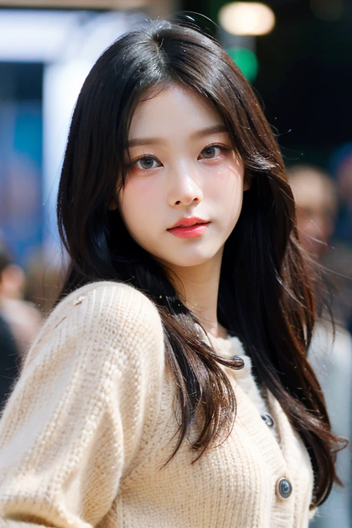 masterpiece, best quality, ultra-detailed, ultra high res, (photorealistic:1.4), raw photo, (realistic:0.2), 8k HDR, realistic cool temperature lighting, 1girl, solo, asymmetrical hair, outdoor, (traditional market:1.2), sky, bokeh, (detailed lips), (detailed pores), (detailed skin textures), (detailed face:1.2), (upper body:1.3), cardigans, standing,