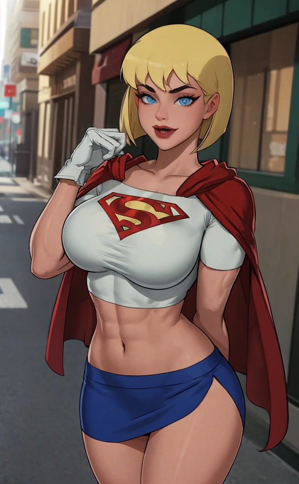 ((masterpiece, best quality)), outdoors,
SuperCostum_Galatea_ownwaifu,
1girl, lipstick, makeup, blonde hair, short hair, dark skin, blue eyes, red lips, bangs, large breasts, thighs, bob cut, 
red cape, white gloves, crop top, midriff, blue skirt, miniskirt, navel, superhero, taut clothes, short sleeves, 
(seiza)<lora:DC_JLU_Galatea_ownwaifu:0.7>,
 depth of field, bokeh, vanishing point, solo, looking at viewer, insaneres, absurdres,