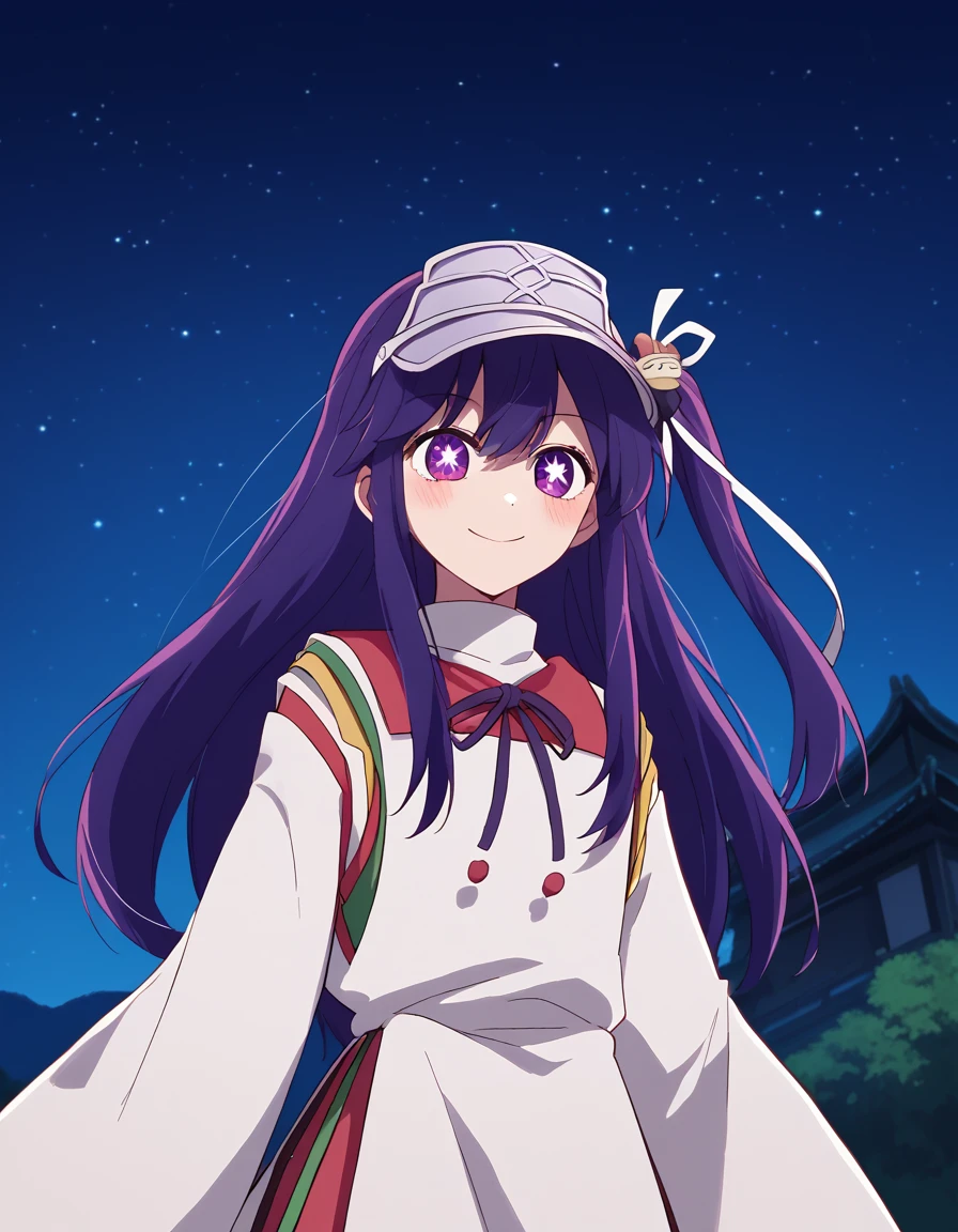 score_9, score_8_up, score_7_up, source_anime, <lora:ai-hoshino-s1-ponyxl-lora-nochekaiser:1>, ai hoshino, long hair, bangs, purple eyes, purple hair, symbol-shaped pupils, one side up, hair ornament, hair ribbon,, <lora:kariginu-ponyxl-lora-nochekaiser:1>, kariginu, japanese clothes, tate eboshi, magatama, visor cap, ribbon-trimmed sleeves, onmyouji, ribbon trim, wide sleeves,,, outdoors, shrine, night, starry sky, smile, blush,, solo, dutch angle, cowboy shot,