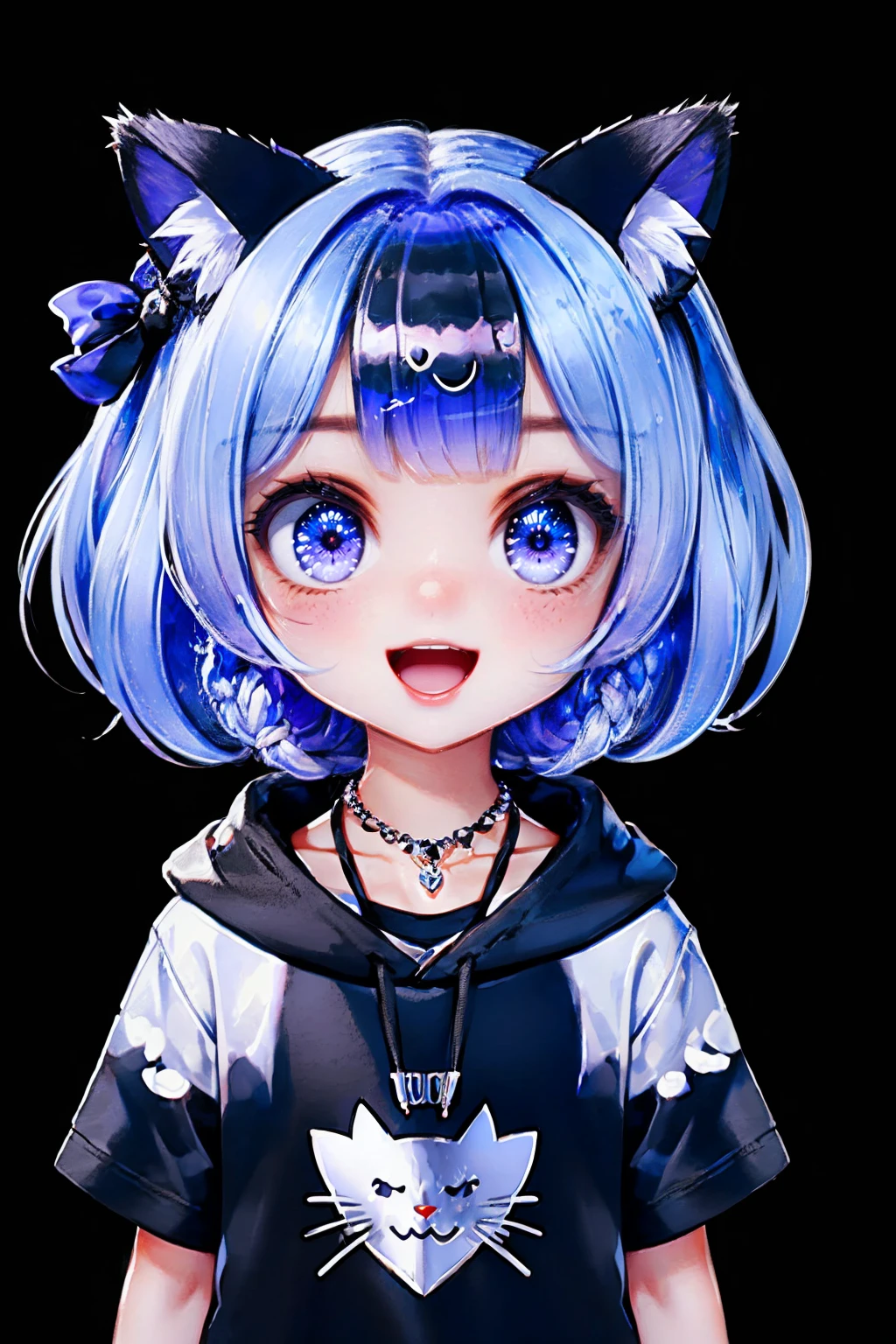 1girl, animal ears, black background, black shirt, cat hair ornament, hoodie, horns, long hair, looking at viewer, necklace, one side up, open mouth, purple eyes, shirt, short hair, single braid, smile, solo, virtual youtuber, vtuber