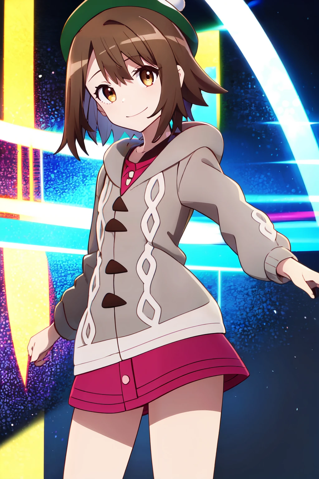 ((masterpiece,best quality)), absurdres,  <lora:PrismaIllya_v5:0.7>, BREAK, , BREAK, <lora:Gloria_Pokemon:0.8>, gloria (pokemon), brown hair, brown eyes, green hat, grey cardigan, hooded cardigan, cable knit, pink dress, green socks, long sleeves, collared dress,, BREAK, solo, smile, looking at viewer, cowboy shot,