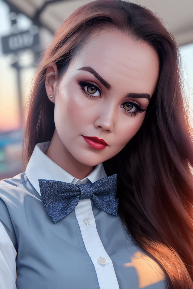 sydneywatson-2709, , ((detailed skin, detailed face):1.2), ((detailed eyes, beautiful eyes):1.2), ((red lipstick, blush, eyeliner, eye shadow, pale skin)), , photo of a woman, ,beautiful picture, fully clothed, outside, ((bowtie, thighhighs, shirt, skirt)), city street, sunset, detailed, epic, closeup,