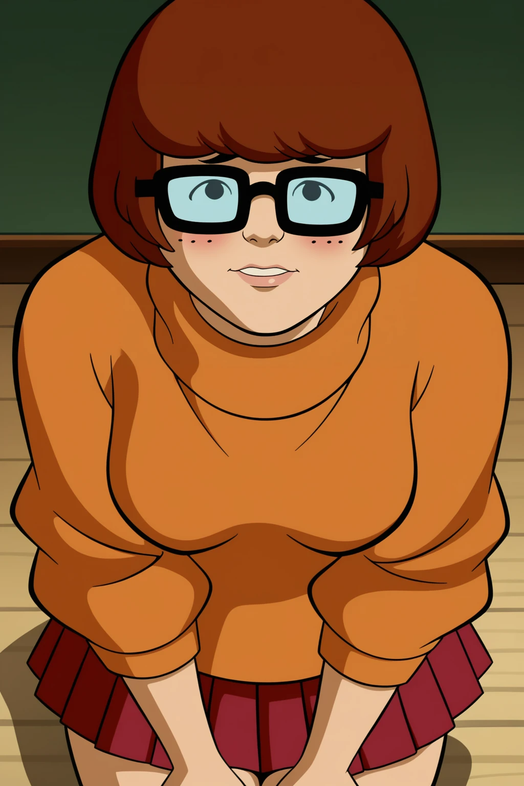 score_9, score_8_up, score_7_up, zPDXL, sd90style, retro artstyle, source_cartoon, 2D, 1girl, velmadinkley , glasses, turtleneck sweater, dark background, forest, looking at viewer, red skirt, orange socks, on grass, smiling, shy, spread legs, Orange panties, cameltoe, happy face, hands on breasts, standing, upskirt, from below, freckles, sweater lift, orange bra,