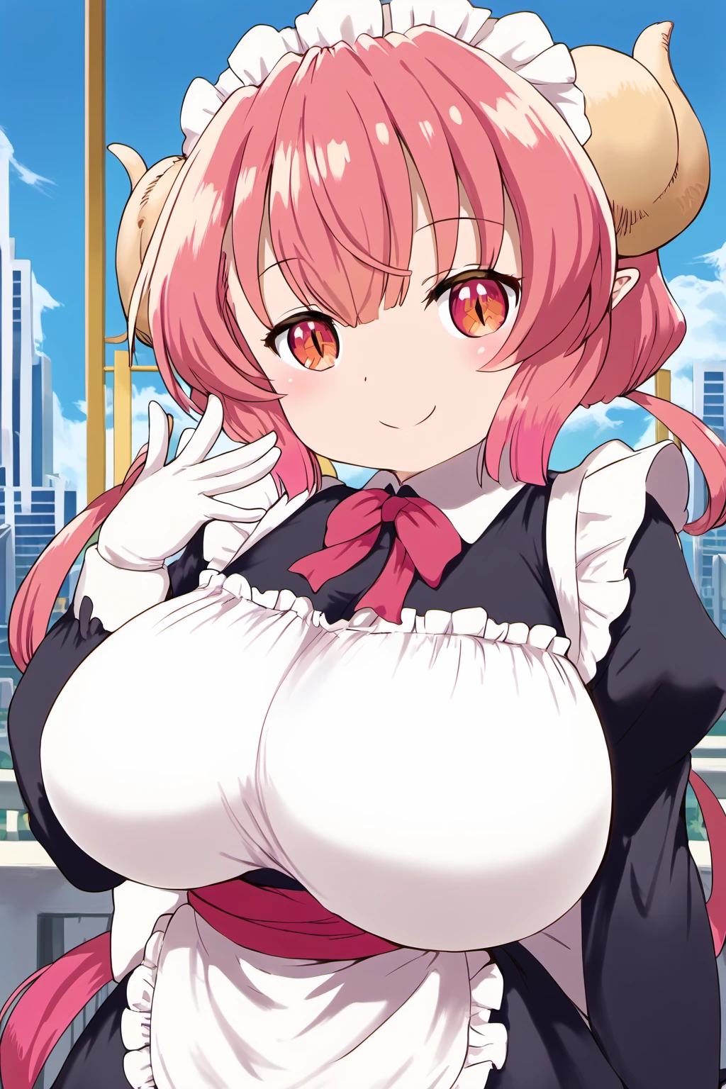 Solo, 1girl, female, iruru, dragon girl, long hair, pink hair, dragon horns, pointy ears, multicolored hair, red hair, bangs, slit pupils, cute face, detailed eyes, brilliant eyes, detailed skin, perfect hands, perfect face, breast, huge breast, very large breast, gigantic breast, very huge breast, BREAK maid outfit BREAK seated, smile, :D, city, outdoors, colorful, looking at viewer, dutch angle, BREAK ((ultra-detailed)), ((best quality)), ((best quality)), ((beautiful eyes)), ((extremely detailed)), 4K, (8K), best quality, (beautiful), Master piece, highres, score_9, score_8_up, score_7_up, score_6_up, score_5_up, score_4_up, colorful, best quality, official art, highres, masterpiece, nai3, god light, detailed background, high quality background, AddXL, <lora:Visark:1> visark, <lora:more_details:1> <lora:light_sharp_style_magin3.1:1> <lora:maidragon_iruru:1>