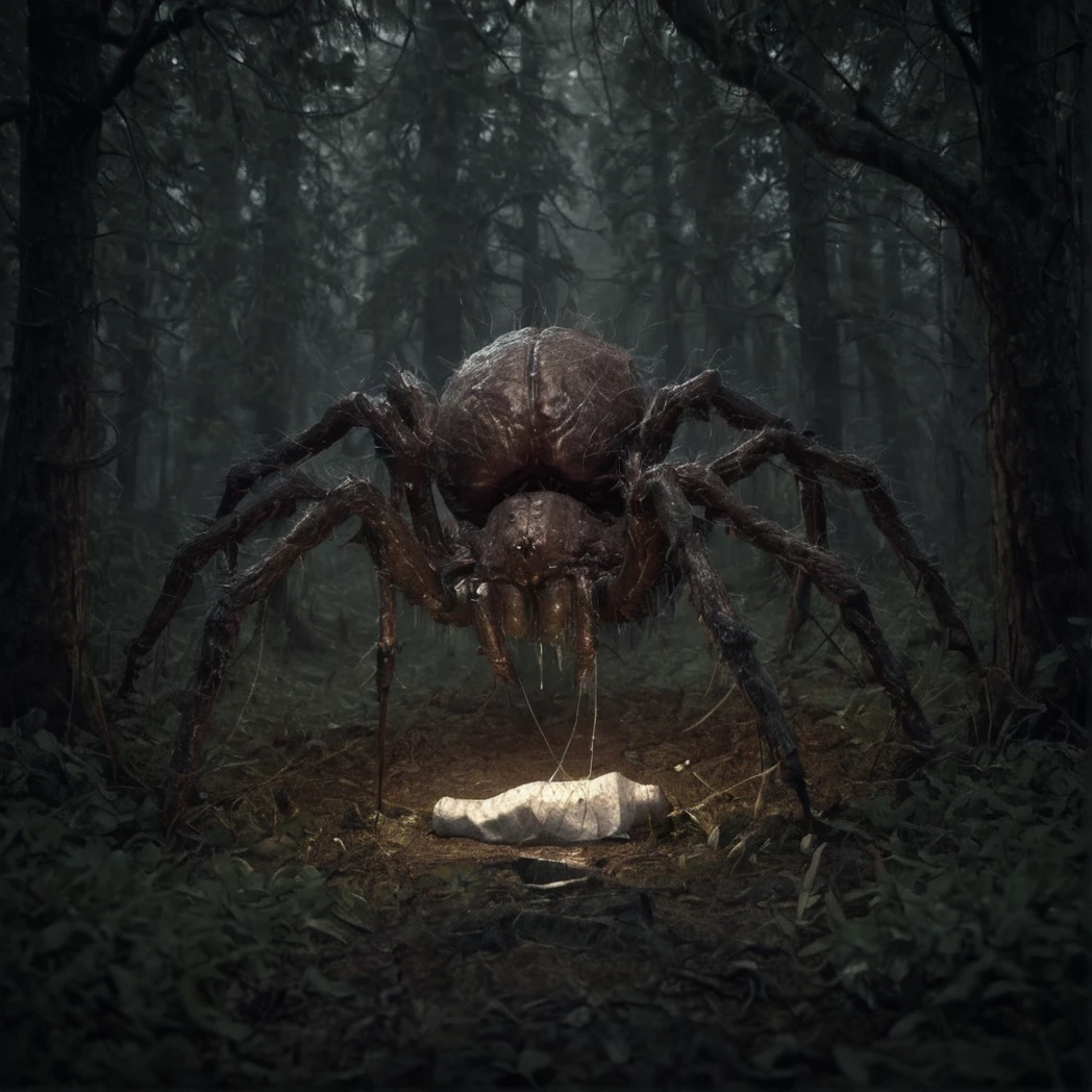 (Spider), (Eight legs, four on each side), full body, day, natural Light, Spider hatchlings, Spider cocoon, person in a cocoon, (creature, monster), (UHD, 8K, ultra detailed, looking at the camera, moody forest, highly detailed, best quality, high detail, amazing detail, masterful, work of a master, highly detailed background, shallow depth of field, photorealistic, RAW image, 8k high resolution, ray tracing, realistic, volumetric lighting), ArsMJStylePony, Pixel Art, 16bit, Pixelated
