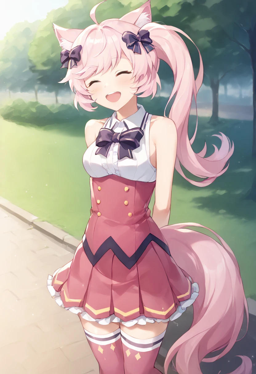 score_9,score_8_up,score_7_up,source_anime,masterpiece,best quality,game cg,1girl,solo,little_girl,(small_breasts:1.1),howan_(show_by_rock!!),pink hair,ahoge,side ponytail,animal ears,fox tail,tail,(hair bell:1.1),hair ornament,<lora:howanSB69:1>,mashima_himeko_clo,sleeveless,pink skirt,pink thighhighs,<lora:mashima_himekoSB69:0.95>,standing,kind_smile,open mouth,closed eyes,cowboy_shot,arms_behind_back,dynamic_angle,park,