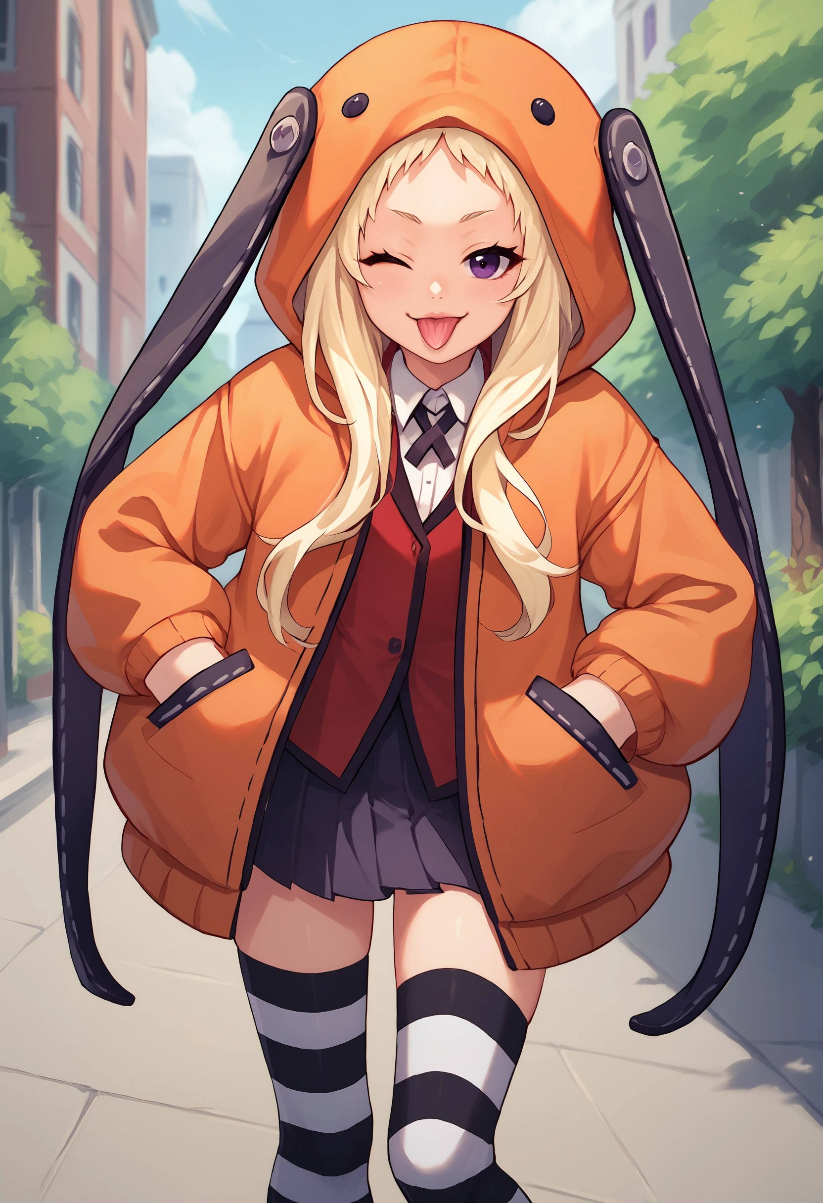 score_9,  score_7_up,  1girl, solo, Runa, blonde hair, purple eyes, orange hooded jacket, white shirt, animal hood, red blazer, pleated skirt, striped thighhighs, hands in pockets, outdoors,  looking at viewer,  one eye closed, tongue out,     <lora:Runa new 2-000008:1>