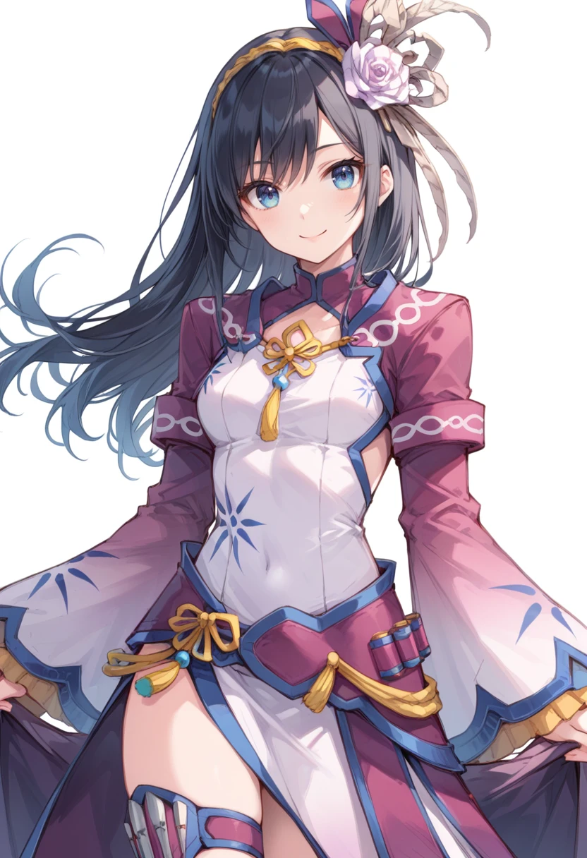 (score_9:0.9),score_8_up,score_7_up,rating_safe,anime style,(zPDXL),<lora:Gobul armor ponyXL v1.2:0.73>,gobul x gunner armor,white hair ornament,purple thigh strap,white chinese dress,purple long sleeves,1girl,solo,smile,long hair,blue eyes,looking at viewer,black hair,simple background,white background,
