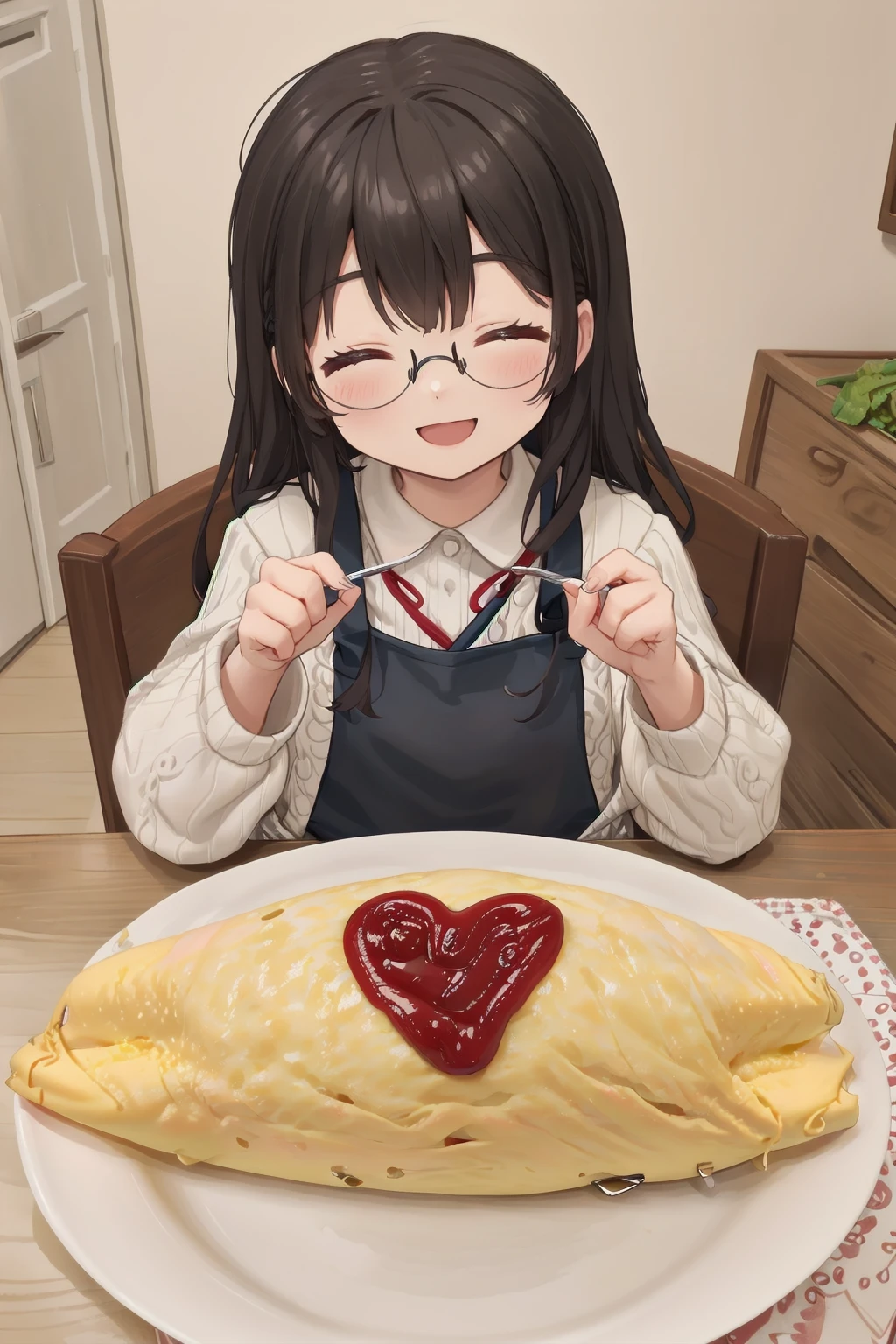 masterpiece, best quality, very aesthetic, absurdres,  
1girl, solo, glasses, black hair, long hair, white ribbed sweater, black apron,  happy, smile, looking at viewer, closed eyes, open mouth, sitting, across table, 
BREAK
omurice_heart, heart, plate, ketchup:1.2), spoon, 
 <lora:omurice_heart_SD15_V1:1>