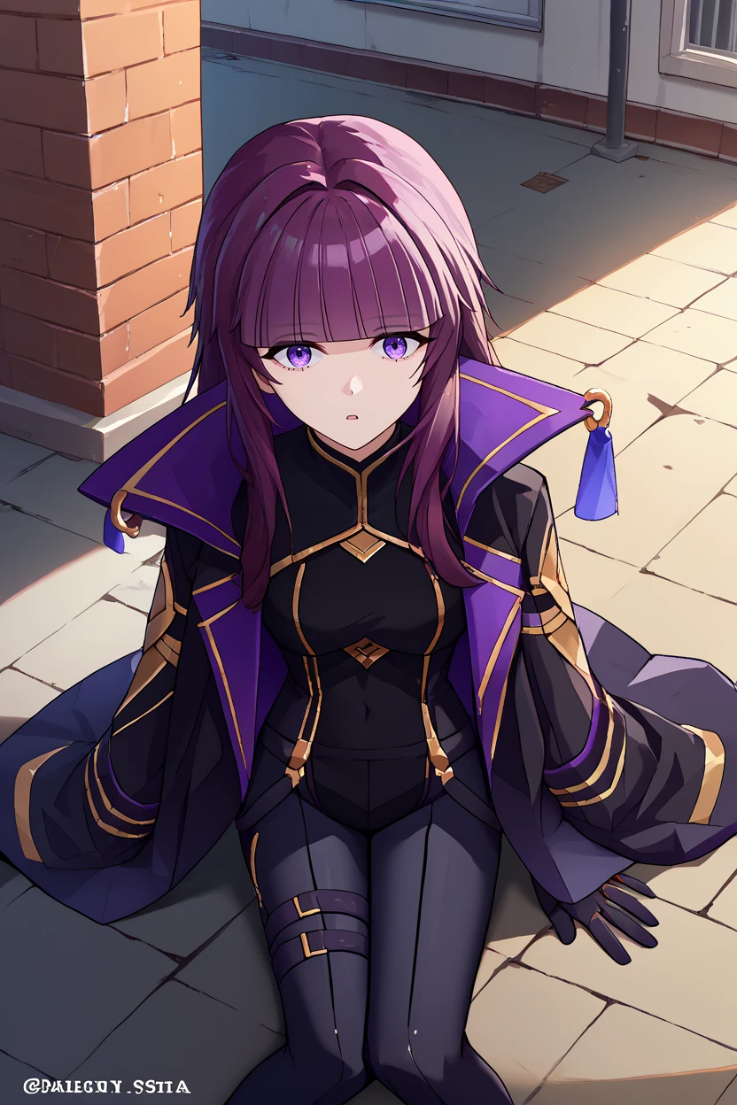 score_9, score_8_up, score_7_up, score_6_up, source_anime, 1girl, solo, <lora:eta-pdxl-nvwls-v1:1> eta, purple hair, blunt bangs, long hair, black coat, coat on shoulders, black bodysuit, gold trim, black gloves, black pants, medium breasts, looking at you, sitting, on ground, from above, city, alleyway, chestnut mouth