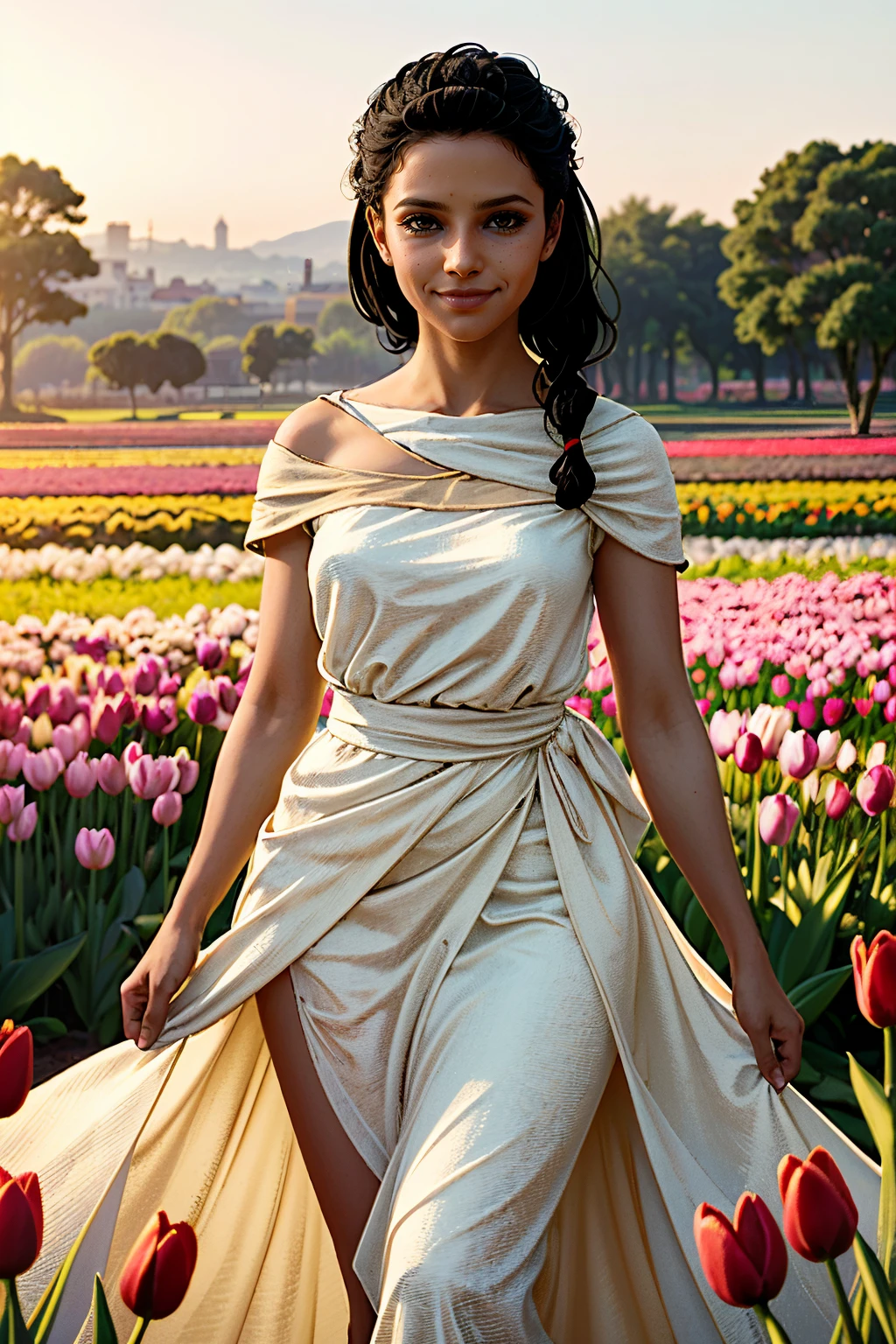 ((ultra detailed, masterpiece, absurdres))
<lora:ACAya-000008:0.8>
ACAya, 1girl, black hair, brown eyes, dark skin, looking at viewer, in a field of tulips, golden hour, elegant dress, smiling