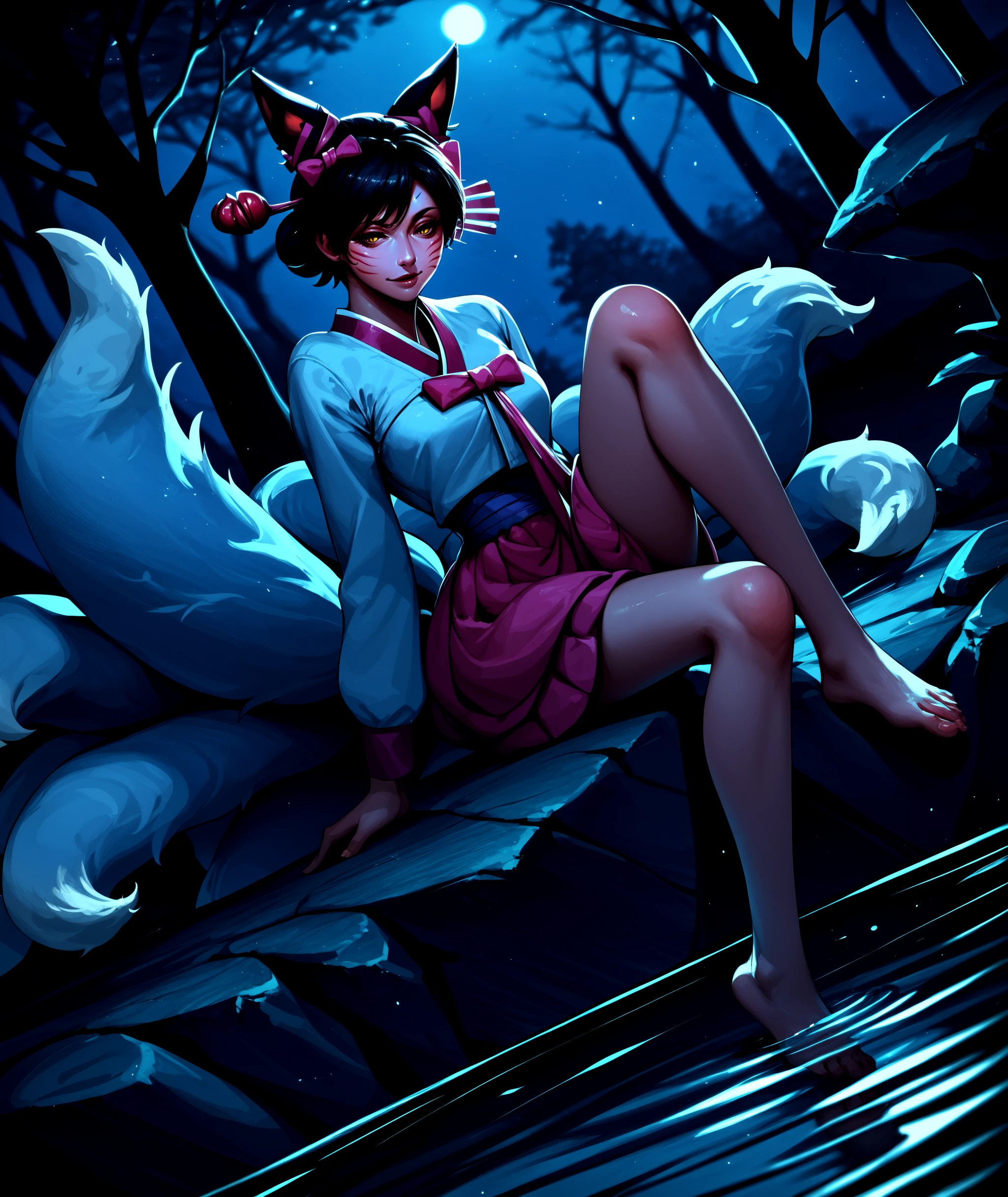 score_9,score_7_up, (dark environment), night, ahridynasty, animal ears, facial mark, fox tail, multiple tails, short hair, black hair, breasts, hair Ornament, hair stick, korean clothes, hanbok, bow, ribbon, long sleeve, pink skirt, full body, barefoot, toes, soaking feet, (splashing:0.4), droplet, rock, pond, outdoors, moss, half-closed eyes, eyelashes, light smile, parted lips, mysterious, looking at viewer, sitting, knee up, arm support, blurred background, pov, leaning back, thighs, wide hips, dutch angle, (from side:0.7), canopy bed, <lora:Ahri_Dynasty_pdxl_Incrs_v1:1>