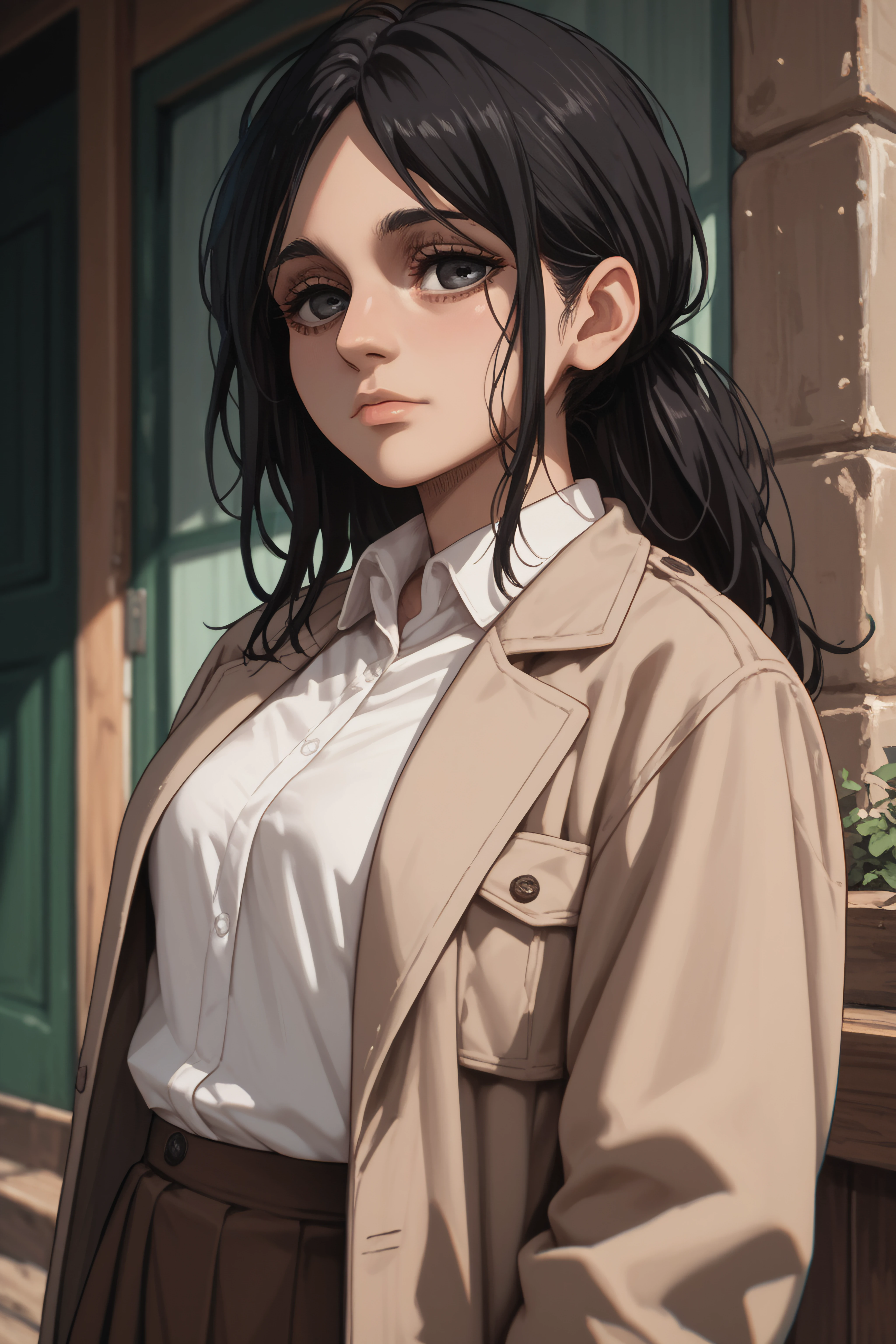 score_9, score_8_up, score_7_up, score_6_up, score_5_up, score_4_up, source_anime, <lora:Pieck Finger-PonyXL-lora-Faxtron:0.8> pieck finger, black eyes, black hair, long hair, medium breasts, beige jacket, white shirt, brown skirt,