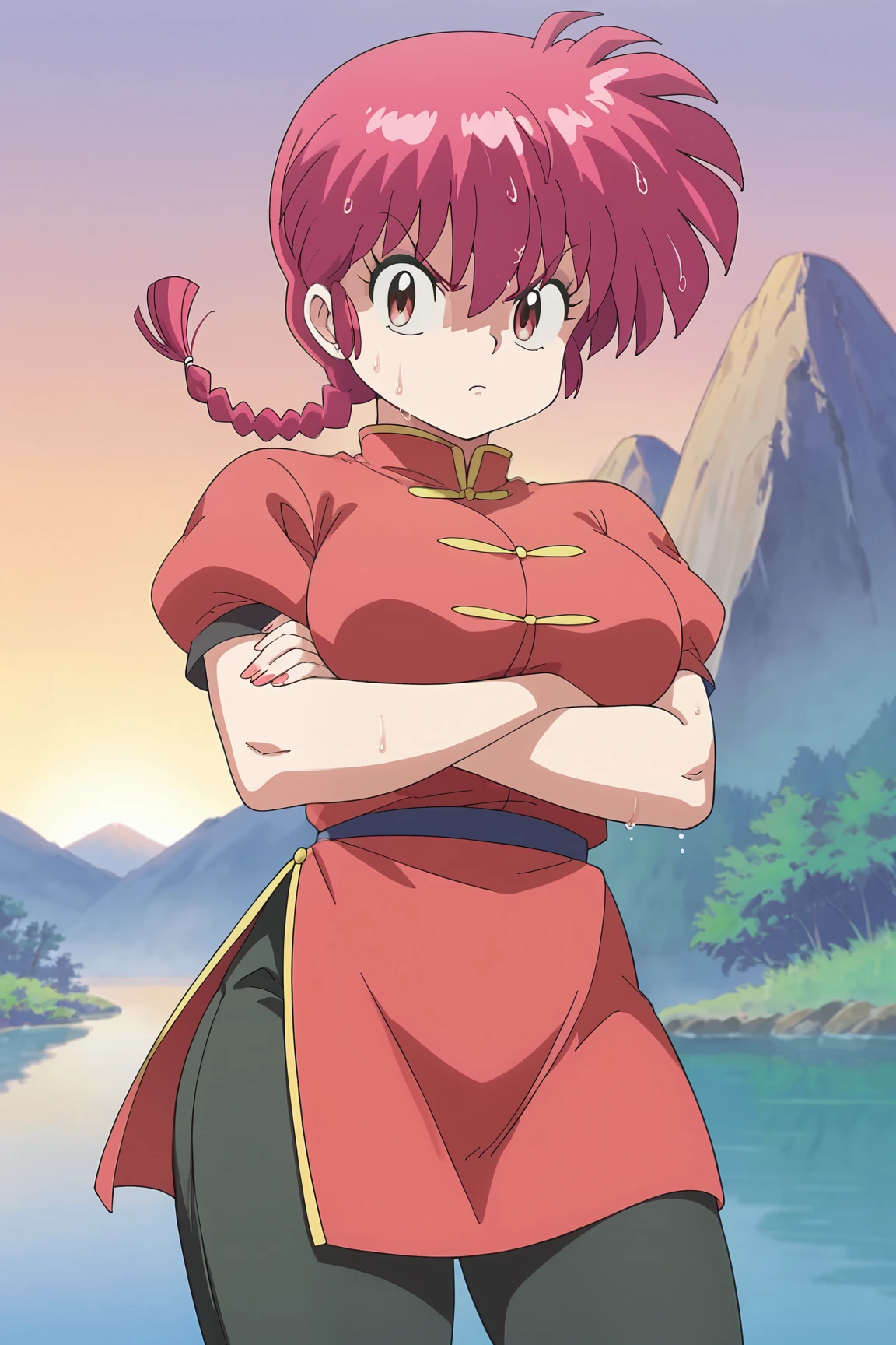 score_9, score_8_up, score_7_up, source_anime, aesthetic, intricate details, 1girl BREAK
 <lora:ranma_2024_style:1> ranma2024_style, anime coloring, flat color, retro artstyle, ranma 1/2, ranma-chan, red eyes, red hair, large breasts, makeup,  single braid, red hanfu, chinese clothes,  black pants, standing, on_water, (wet:1.3), lake, nature, mountain,  outdoors, sunset, angry, looking at viewer, from below, angry, crossed arms, cowboy shot,