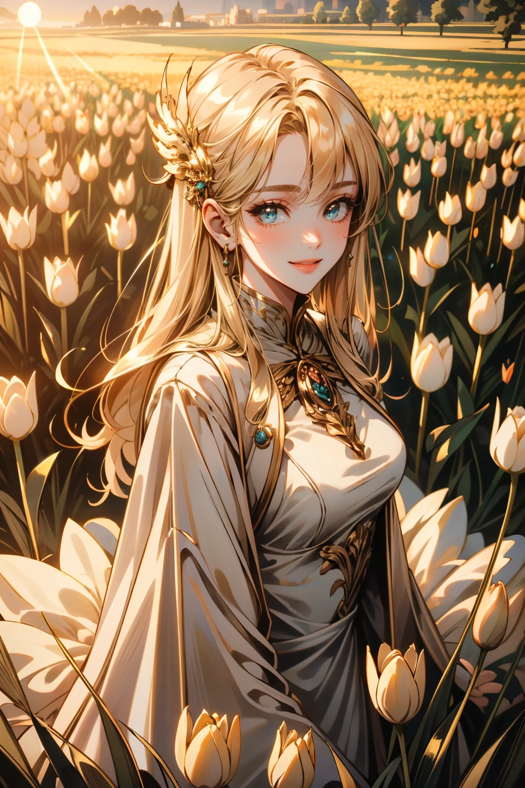 ((ultra detailed, masterpiece, absurdres))
<lora:LABeatrice:0.8>
LABeatrice, 1girl, blonde hair, hair ornament, long hair, looking at viewer, in a field of tulips, golden hour, elegant dress, smiling