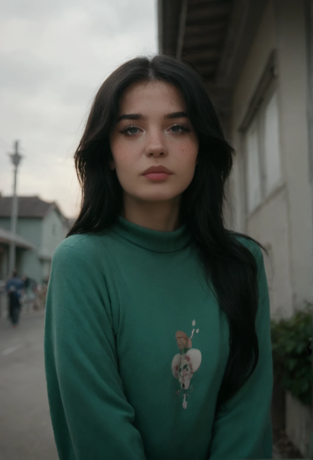 score_9, score_8_up, score_7_up, M1lkG0re, 1girl, solo, long hair, looking at viewer, green sweater, black hair, upper body,freckles, realistic, tattoos, outdoor