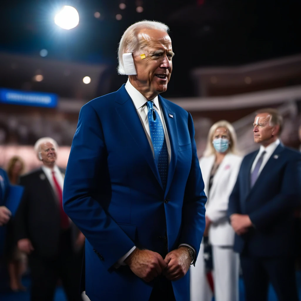 cinematic photo full body portrait of joe biden wears a bandage on the ear <lora:Bandage1024:0.8> . 35mm photograph, film, bokeh, professional, 4k, highly detailed