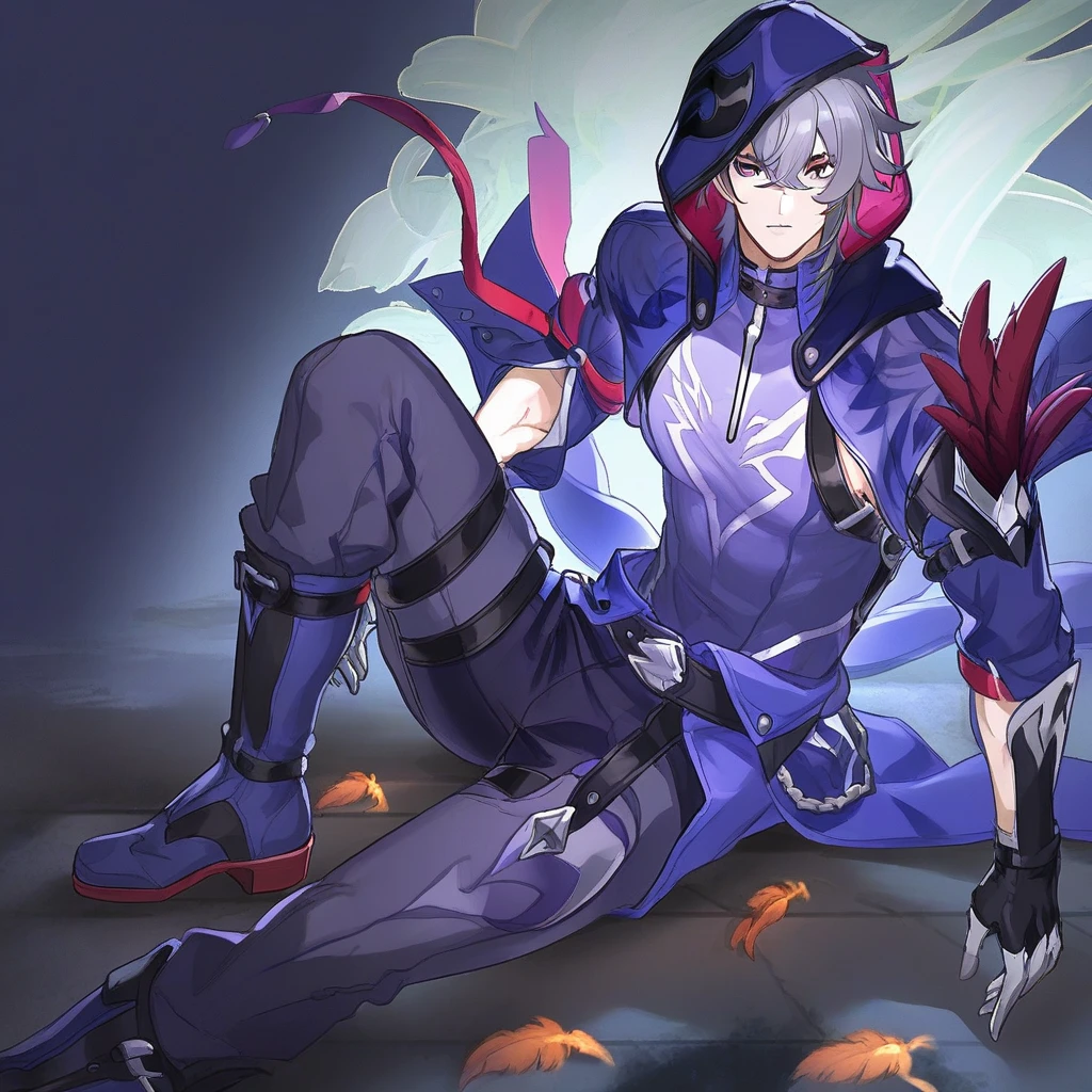 1boy, solo, male focus, slim toned male, moze_(hsr), moze, grey purplish hair, wolfcut hair, bangs between eyes, pale skin, purple eyes, slim face, costume, feathers on one shoulder, laying down on the floor, looking up, looking at viewer, pants, boots, gloves, hood, hyper res, hyper detailed